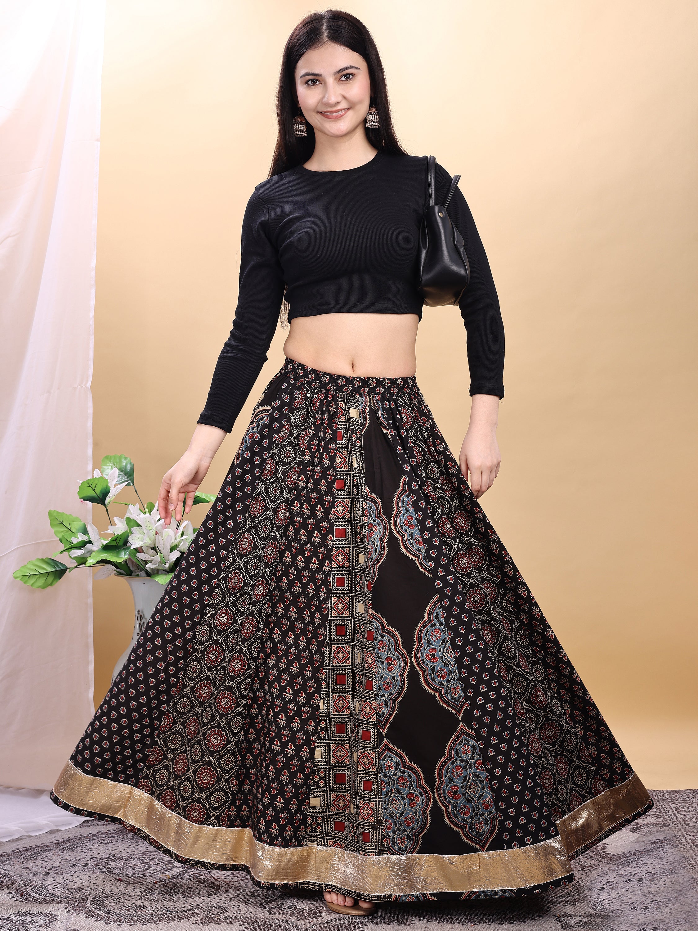 Black color cotton printed kali skirt