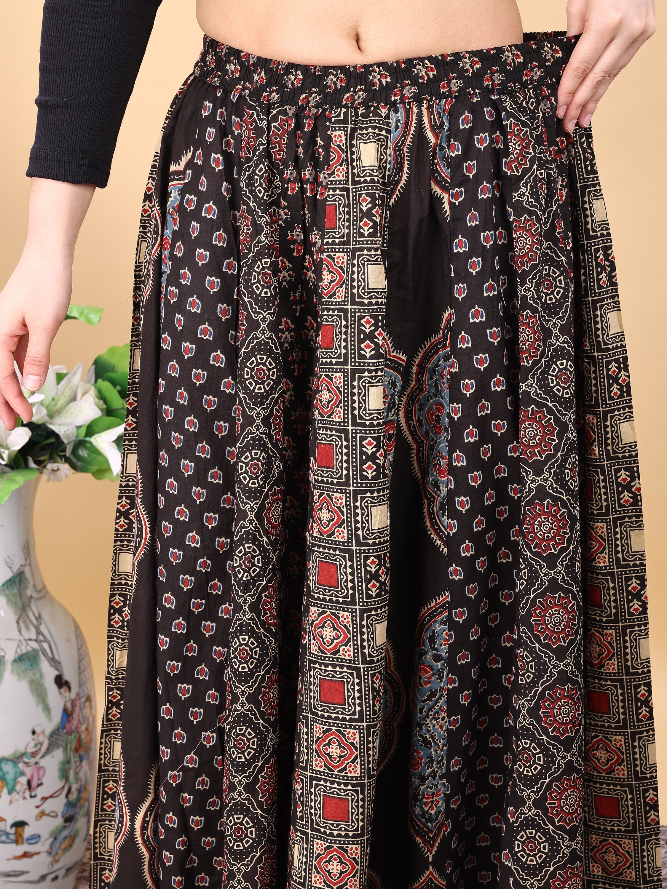 Black color cotton printed kali skirt