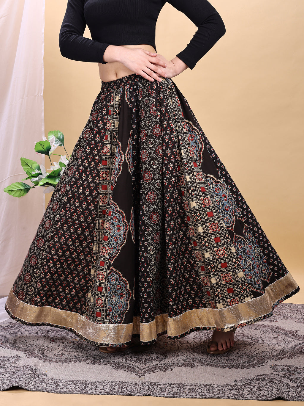 Black color cotton printed kali skirt