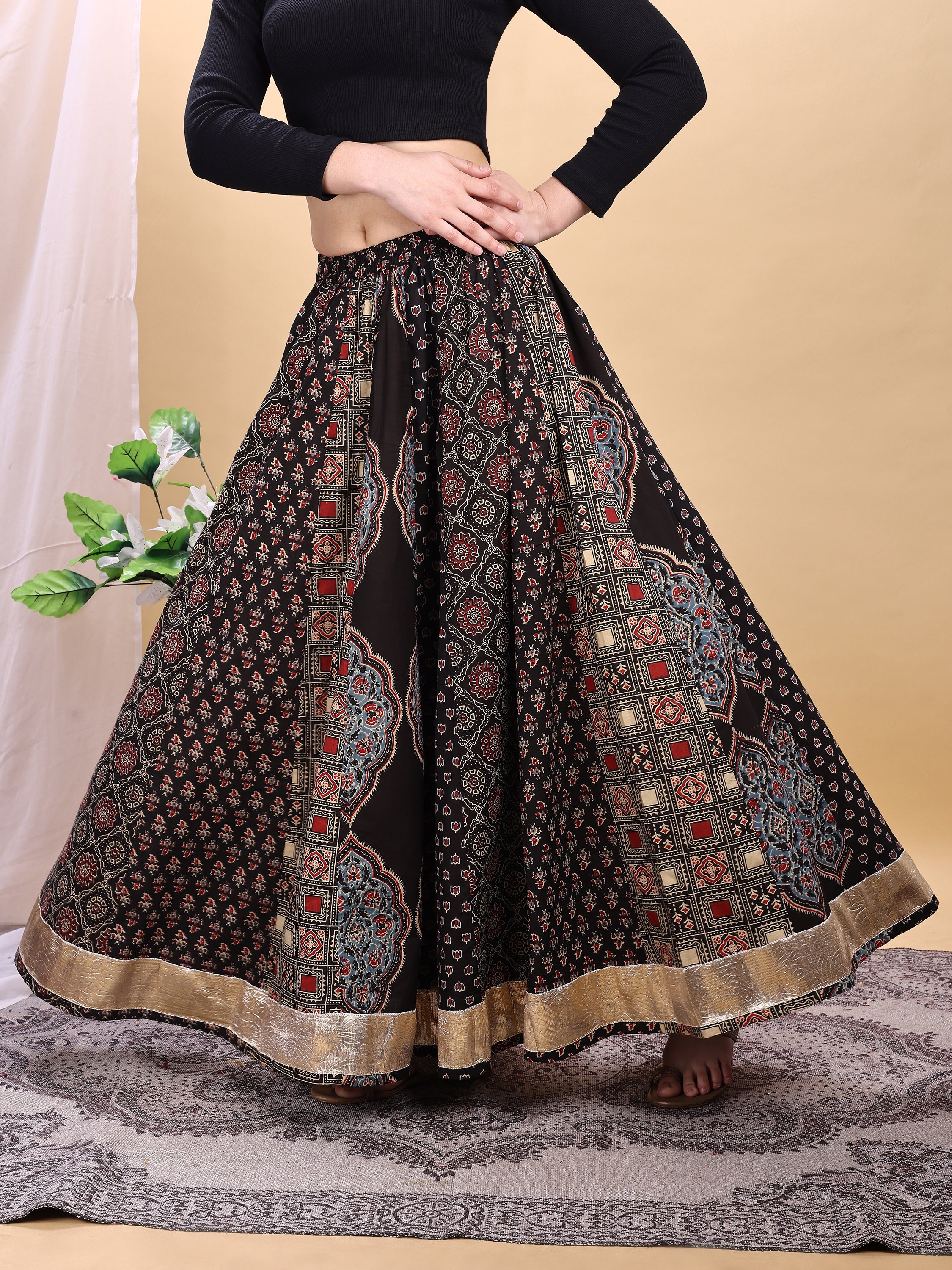 Black color cotton printed kali skirt