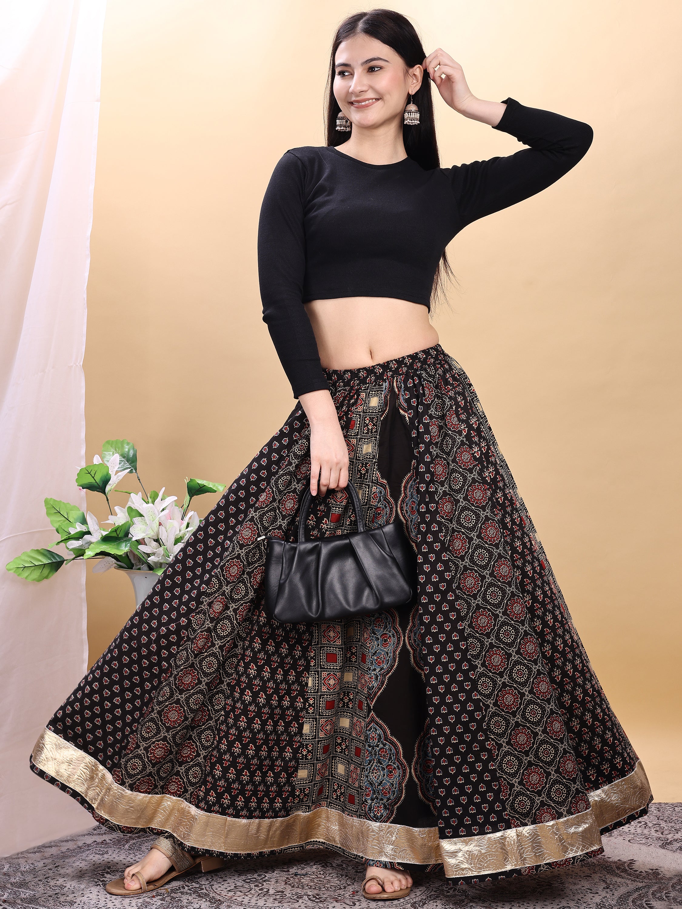 Black color cotton printed kali skirt