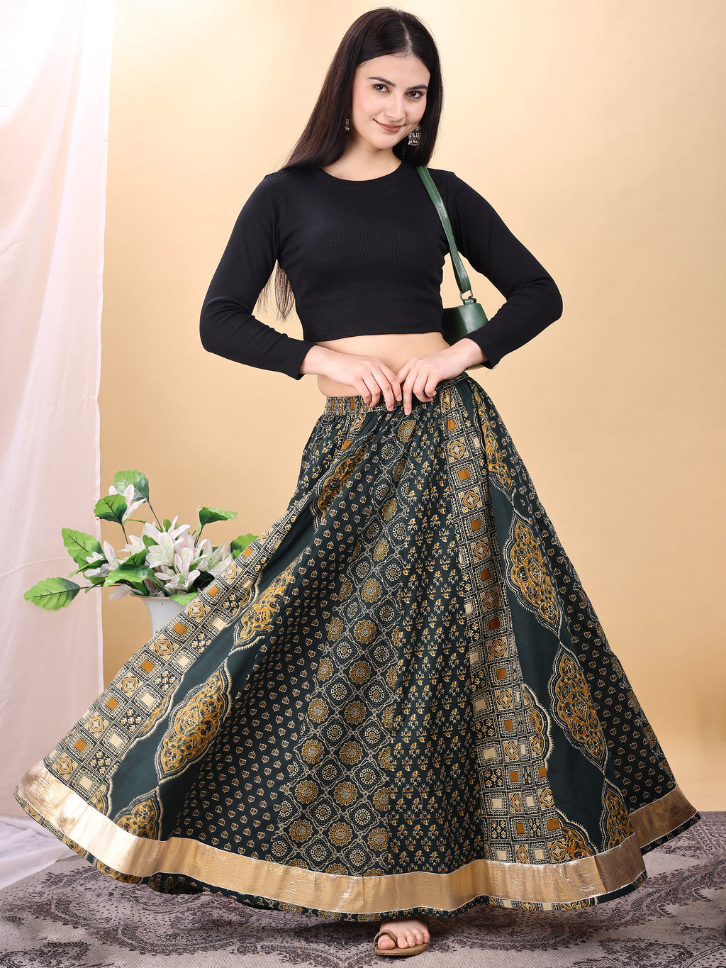 Green color cotton printed kali skirt