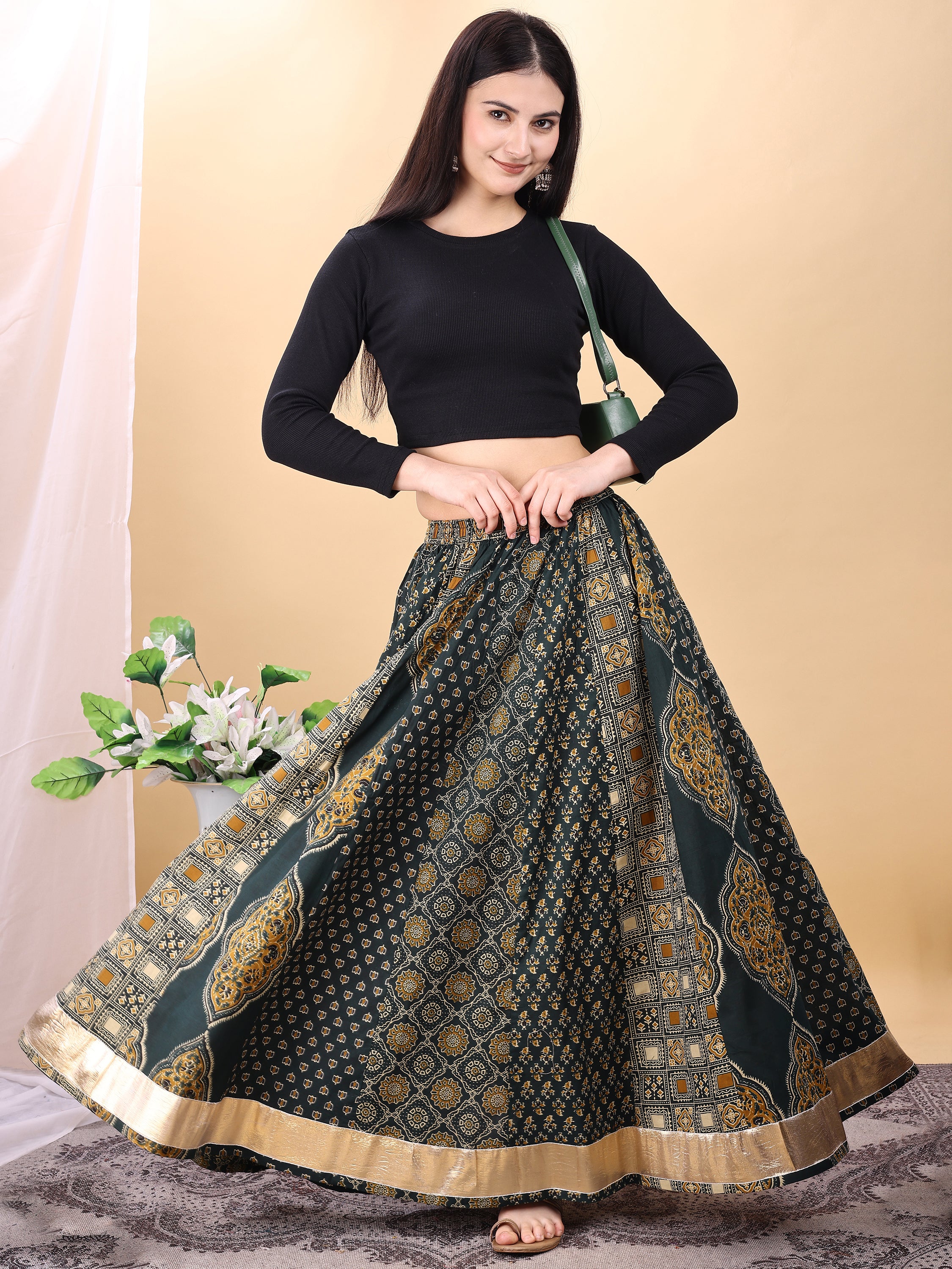Green color cotton printed kali skirt
