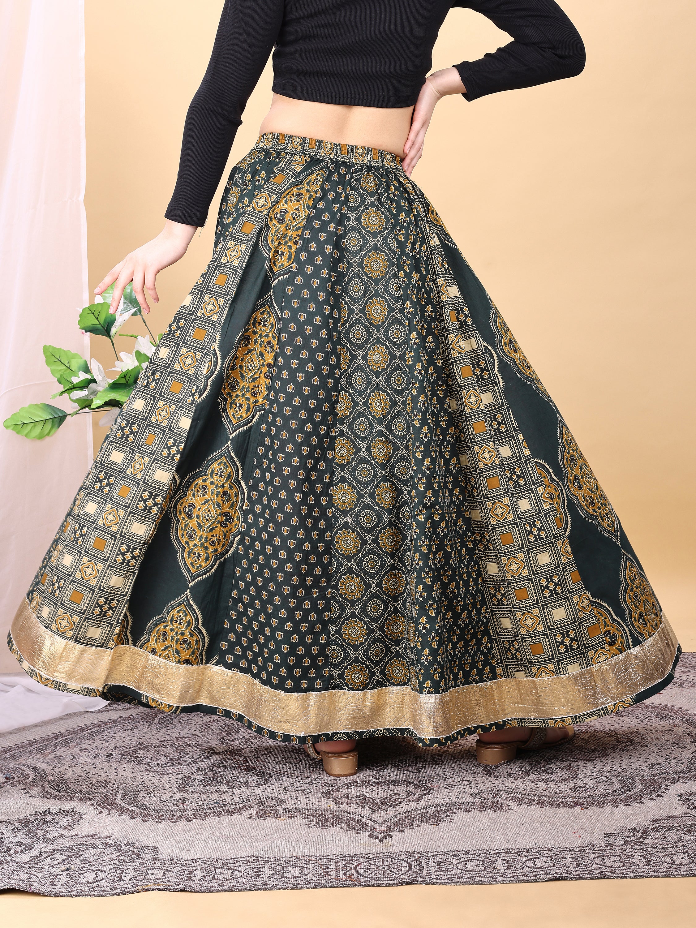 Green color cotton printed kali skirt