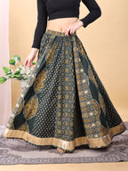 Green color cotton printed kali skirt