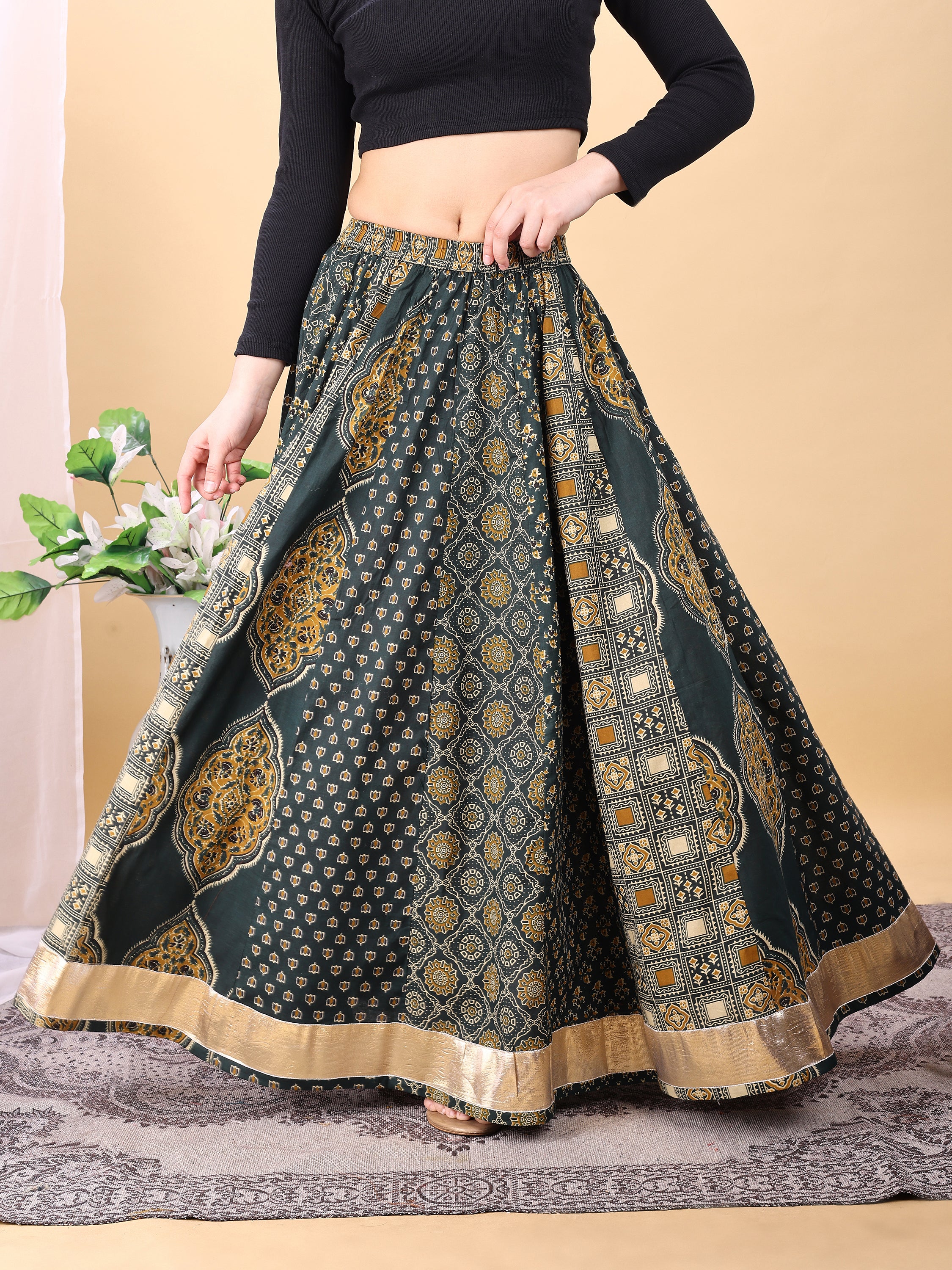 Green color cotton printed kali skirt