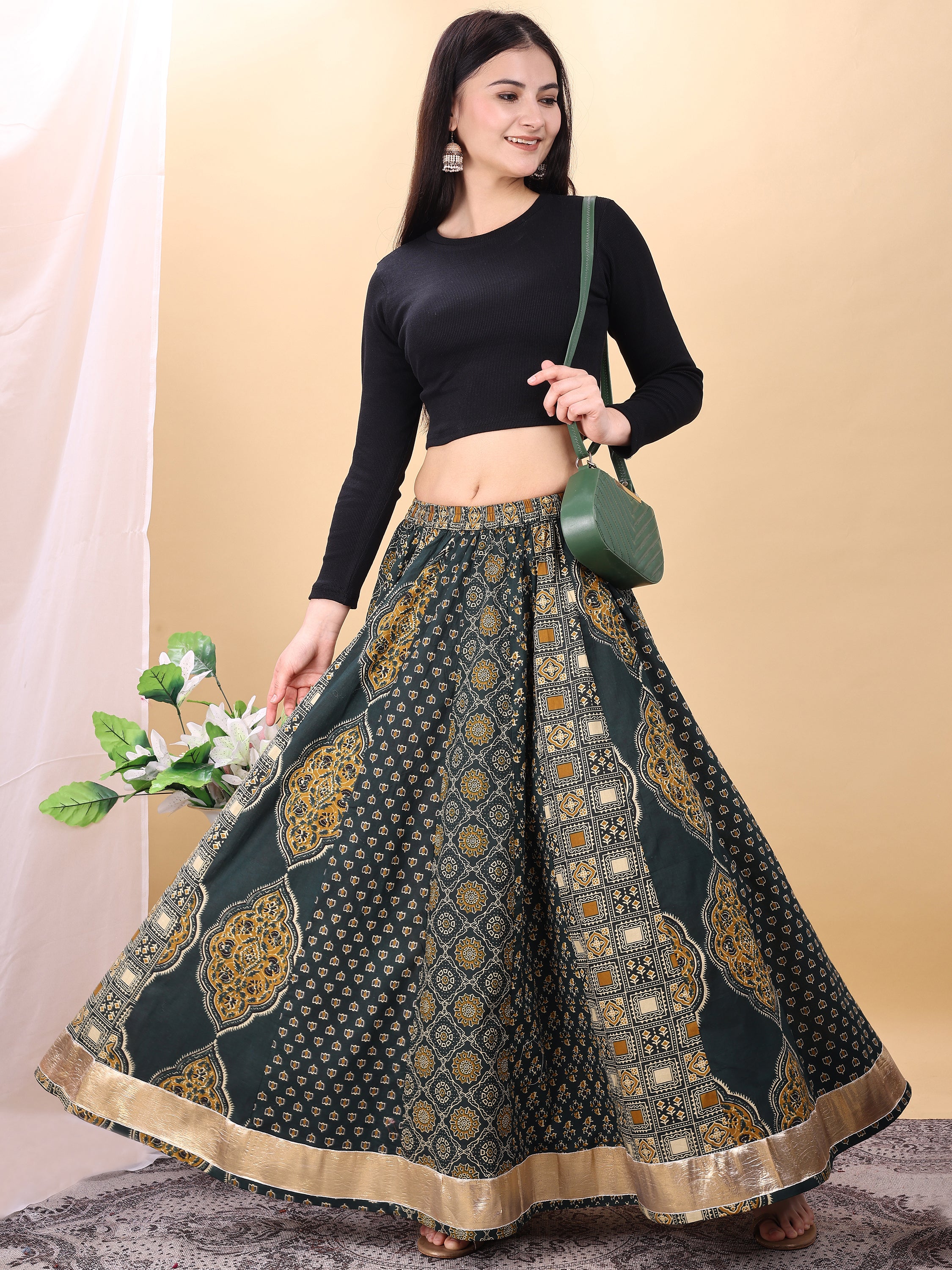 Green color cotton printed kali skirt