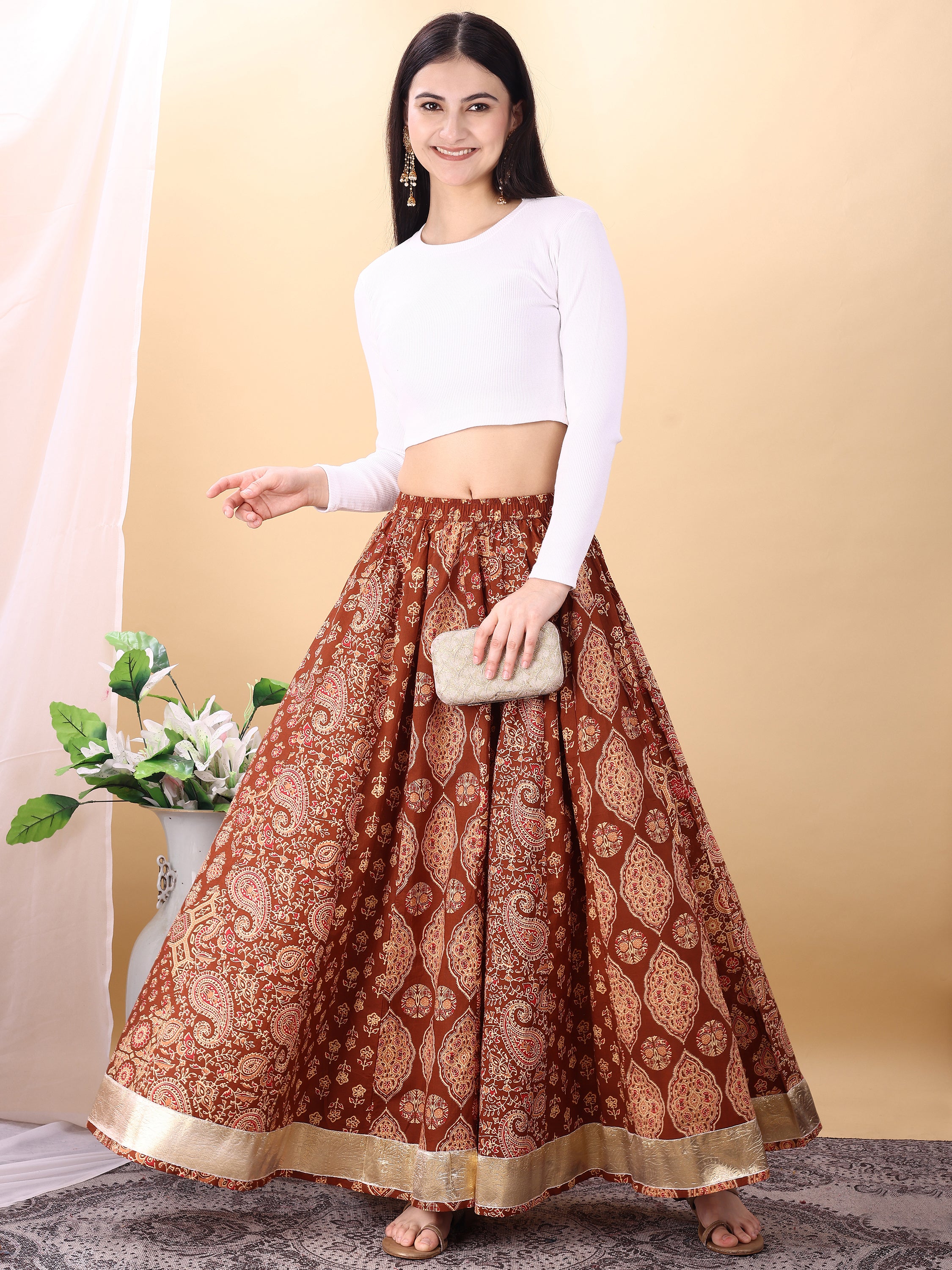 Brown color cotton printed kali skirt