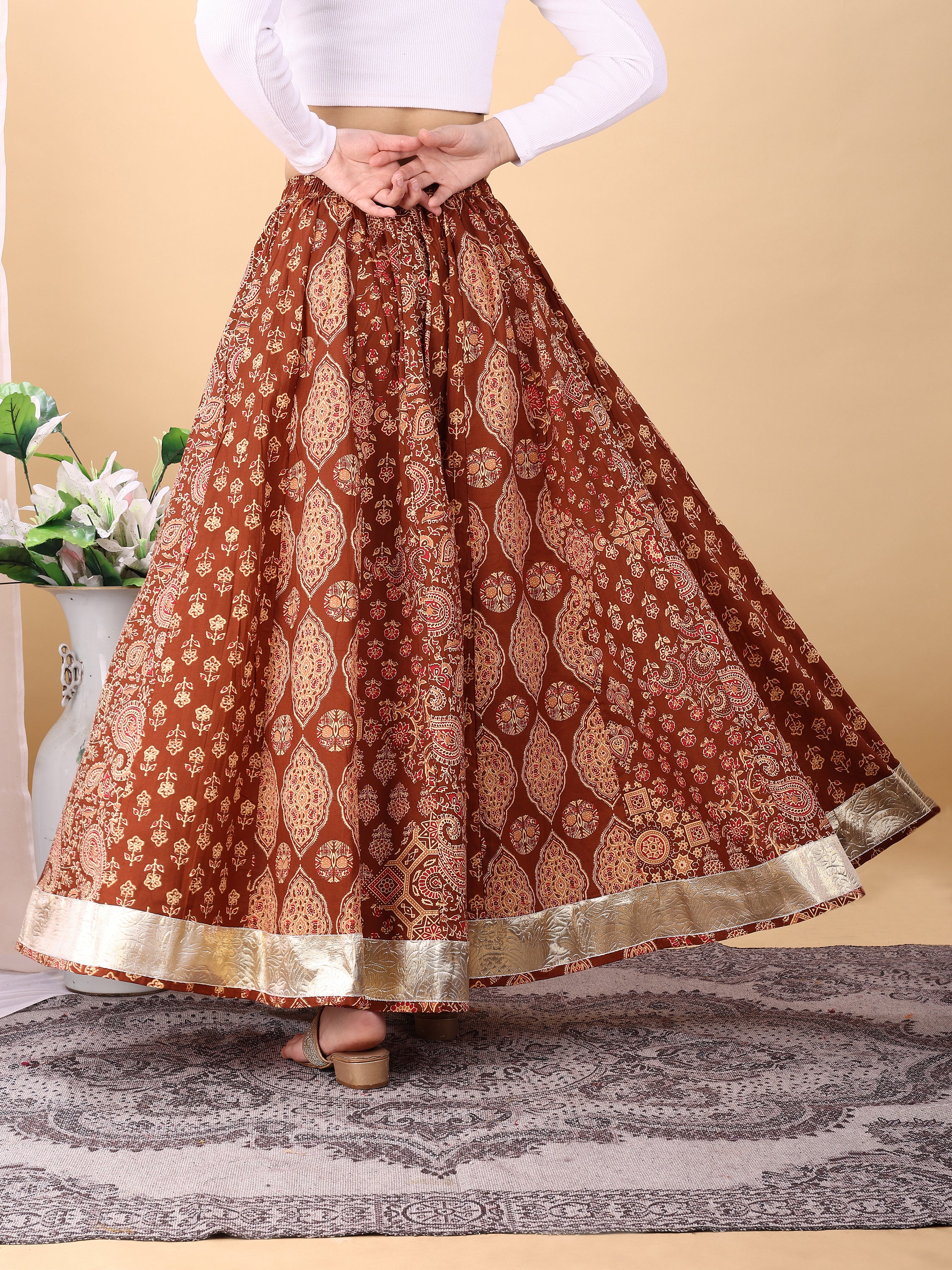 Brown color cotton printed kali skirt