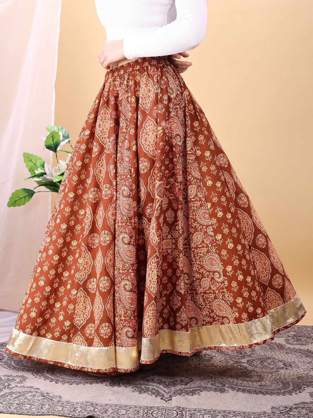 Brown color cotton printed kali skirt