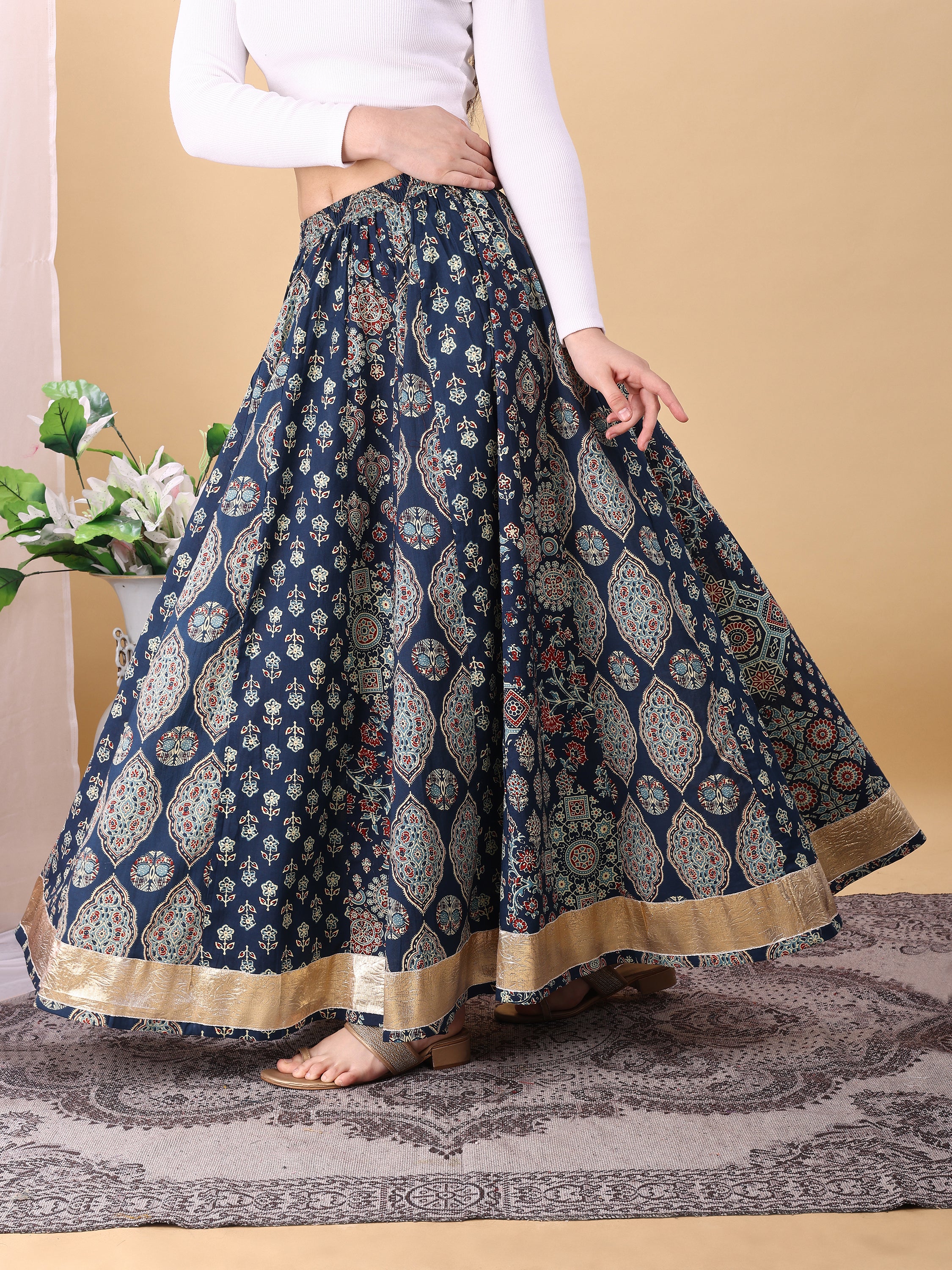 Blue color cotton printed kali skirt