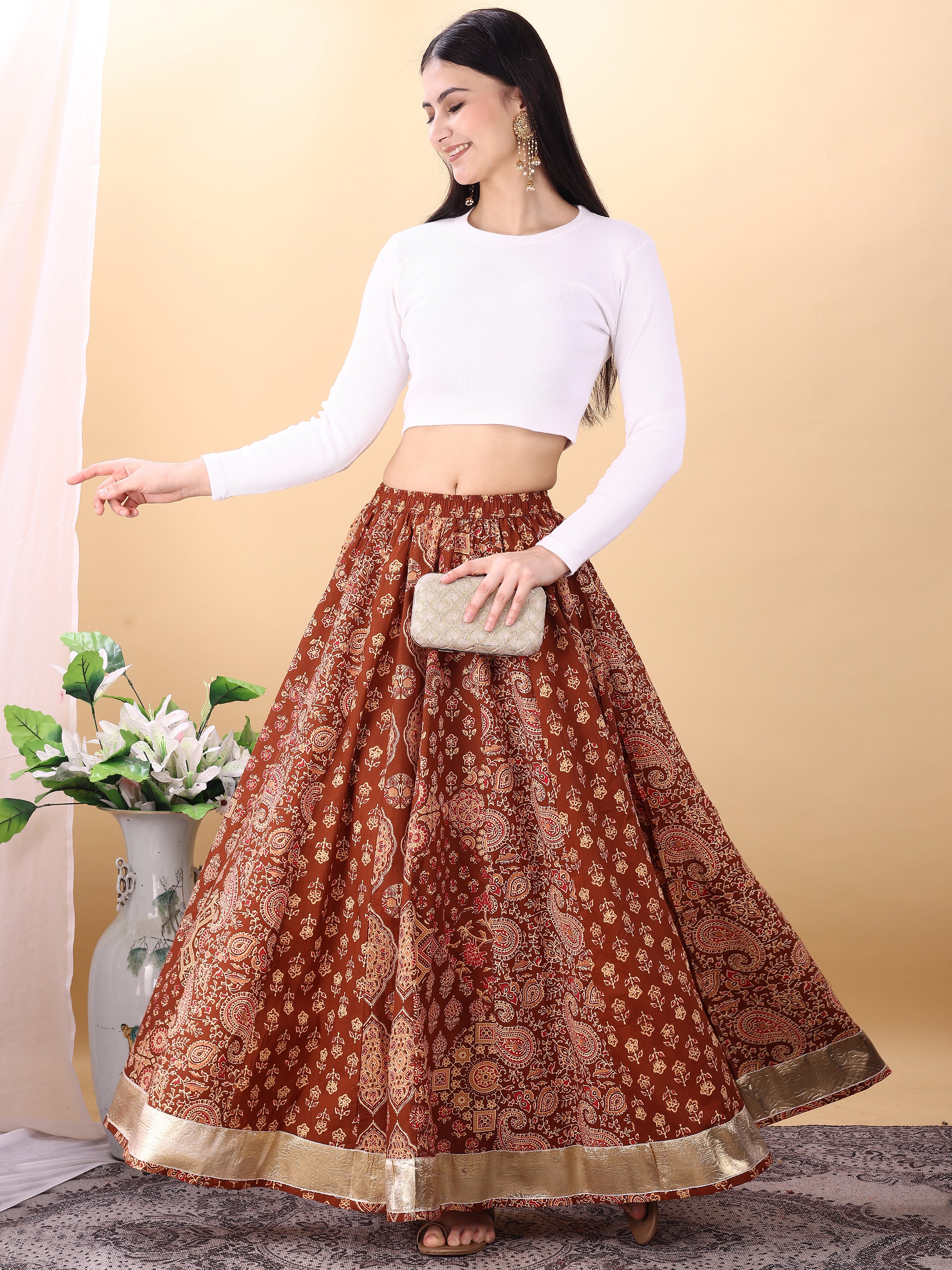Brown color cotton printed kali skirt