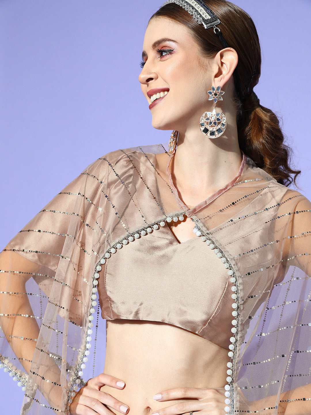 Tikhi Imli Silver Solid Poly Satin Saree with Embellished Cape with Unstitched Blouse