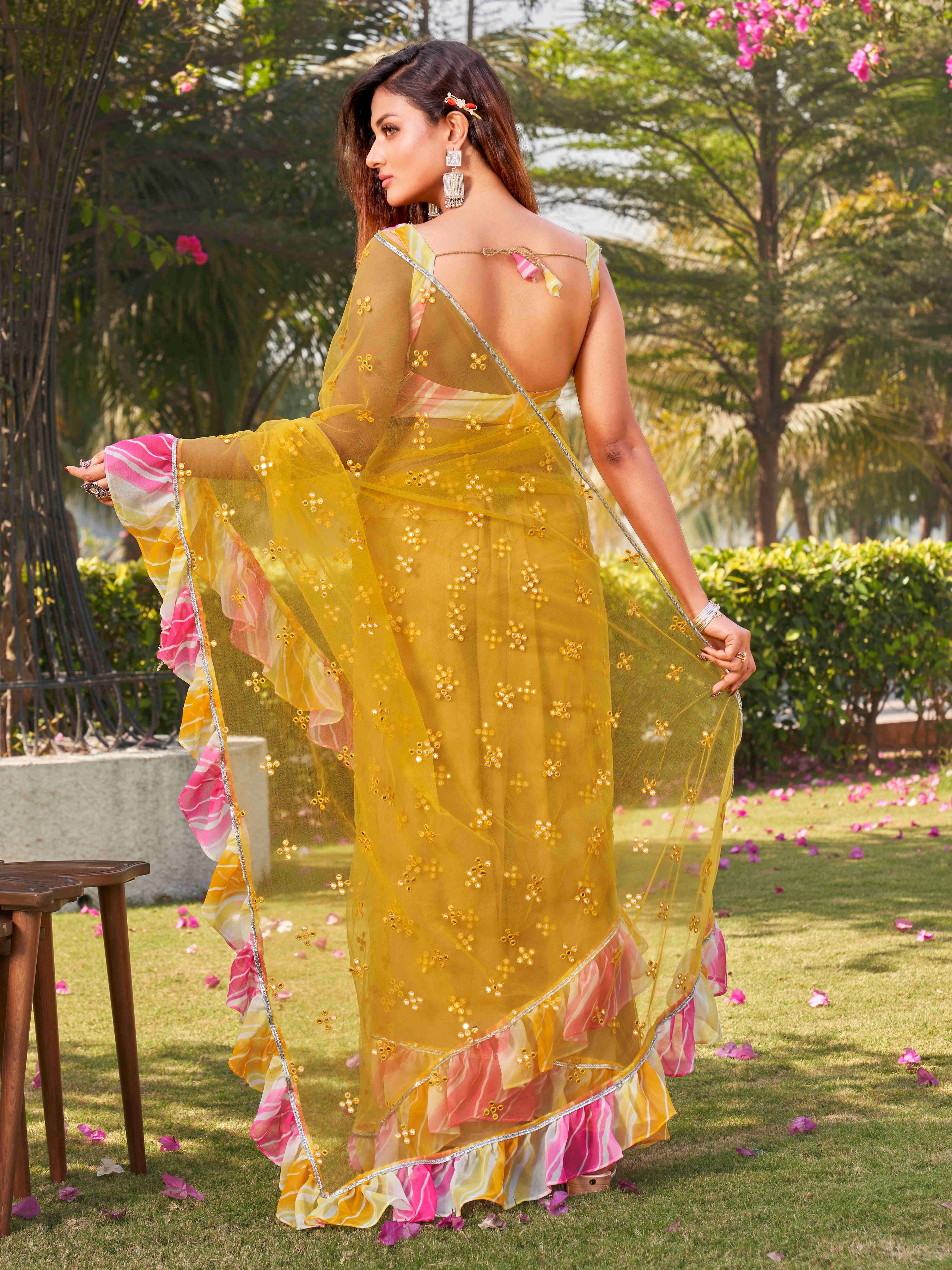 Tikhi Imli Yellow Net Faux Mirror Work Ruffle Saree with Unstitched Blouse