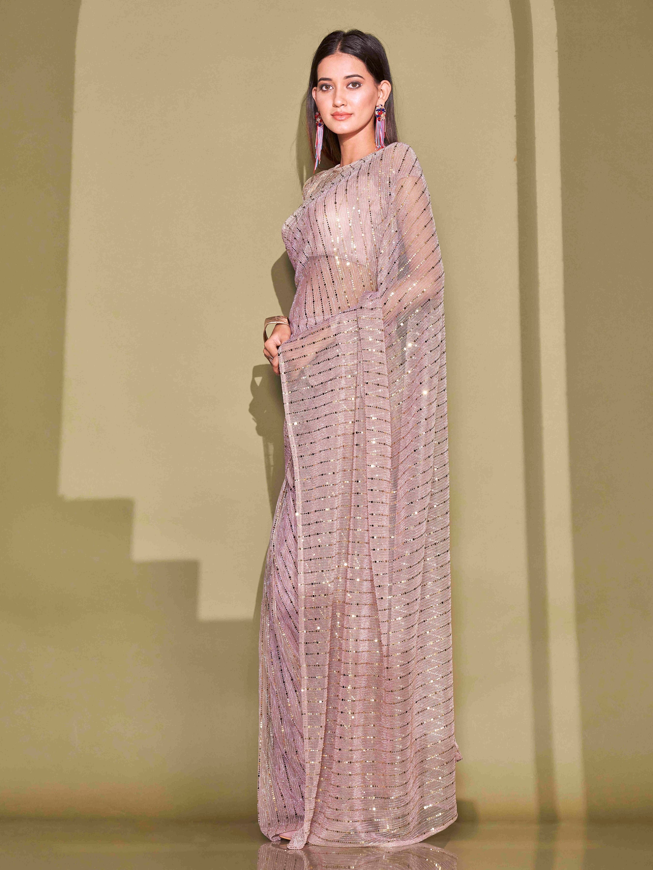 Tikhi Imli Ready To Wear Pink Foil Embellished Saree with Unstitched Blouse