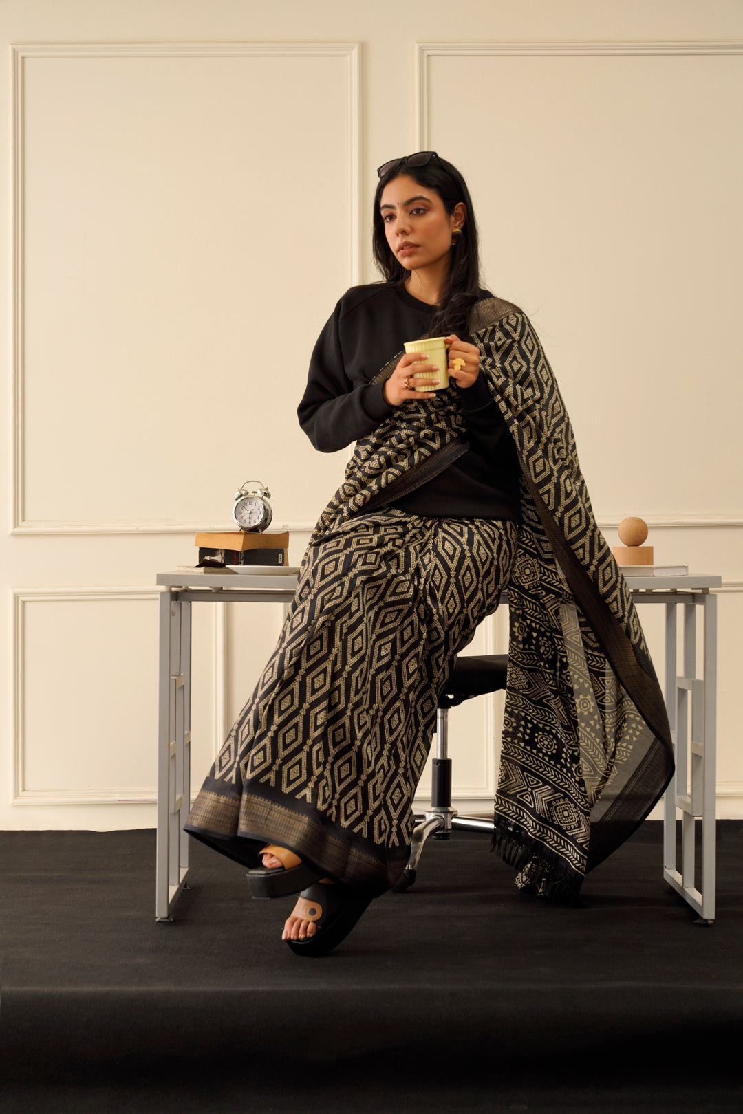 Black colored poly cotton ready to wear saree