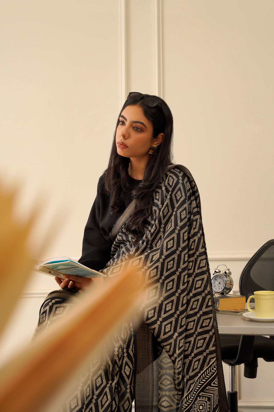 Black colored poly cotton ready to wear saree