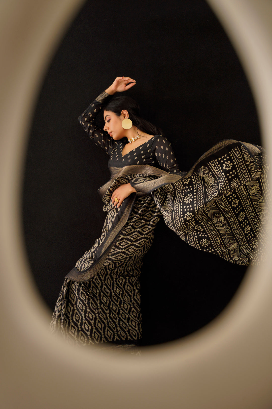 Black colored poly cotton ready to wear saree