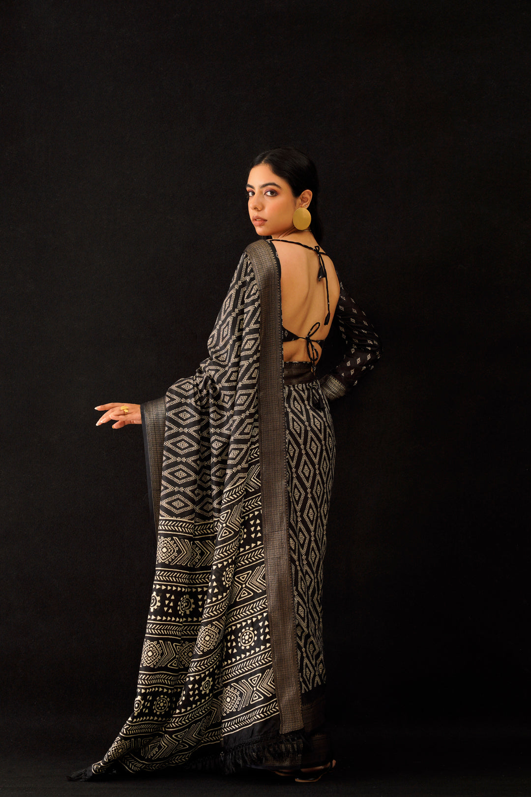 Black colored poly cotton ready to wear saree