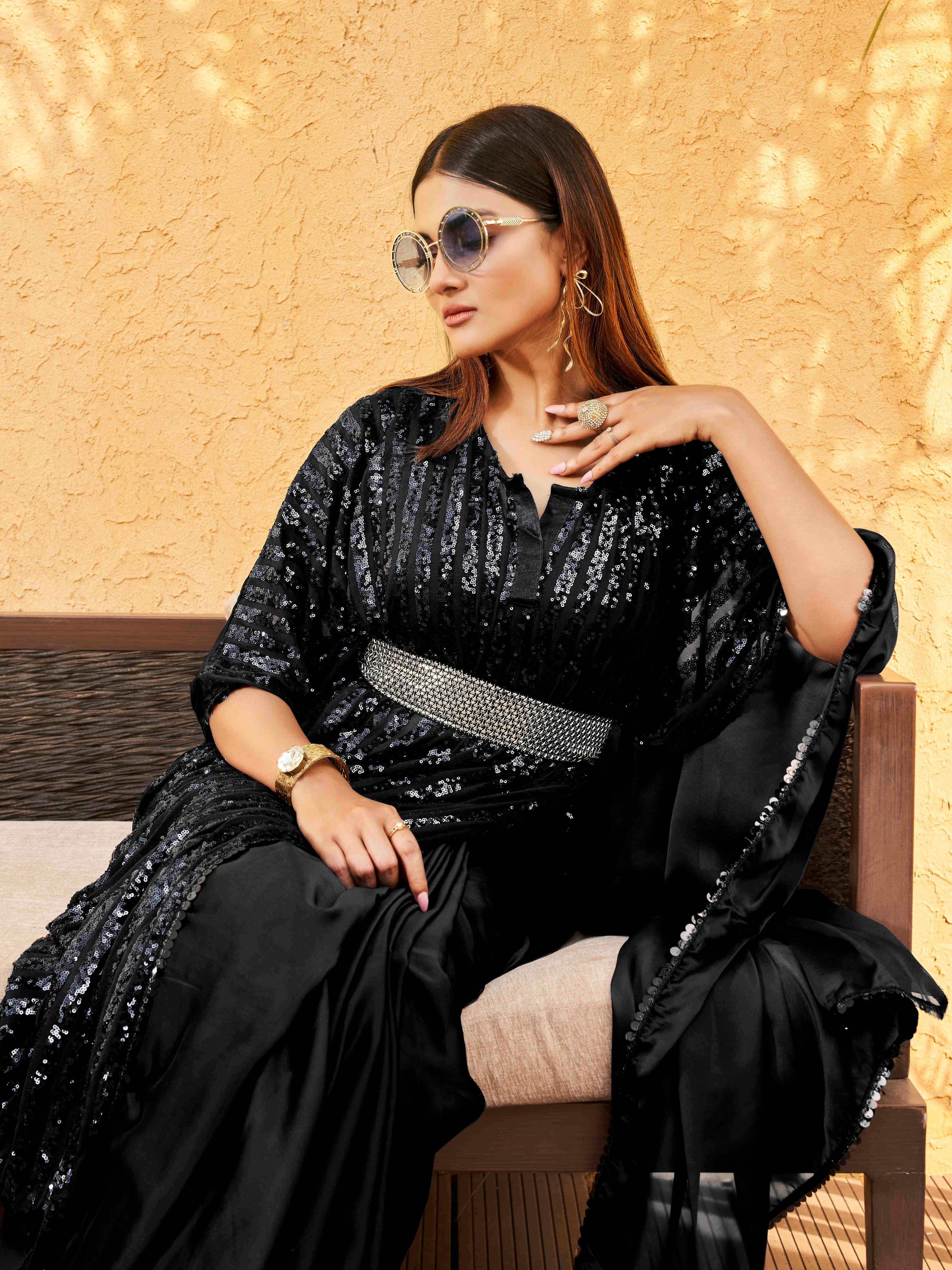 Black Colored Sequinned Kaftan Saree with Belt with Unstitched Blouse