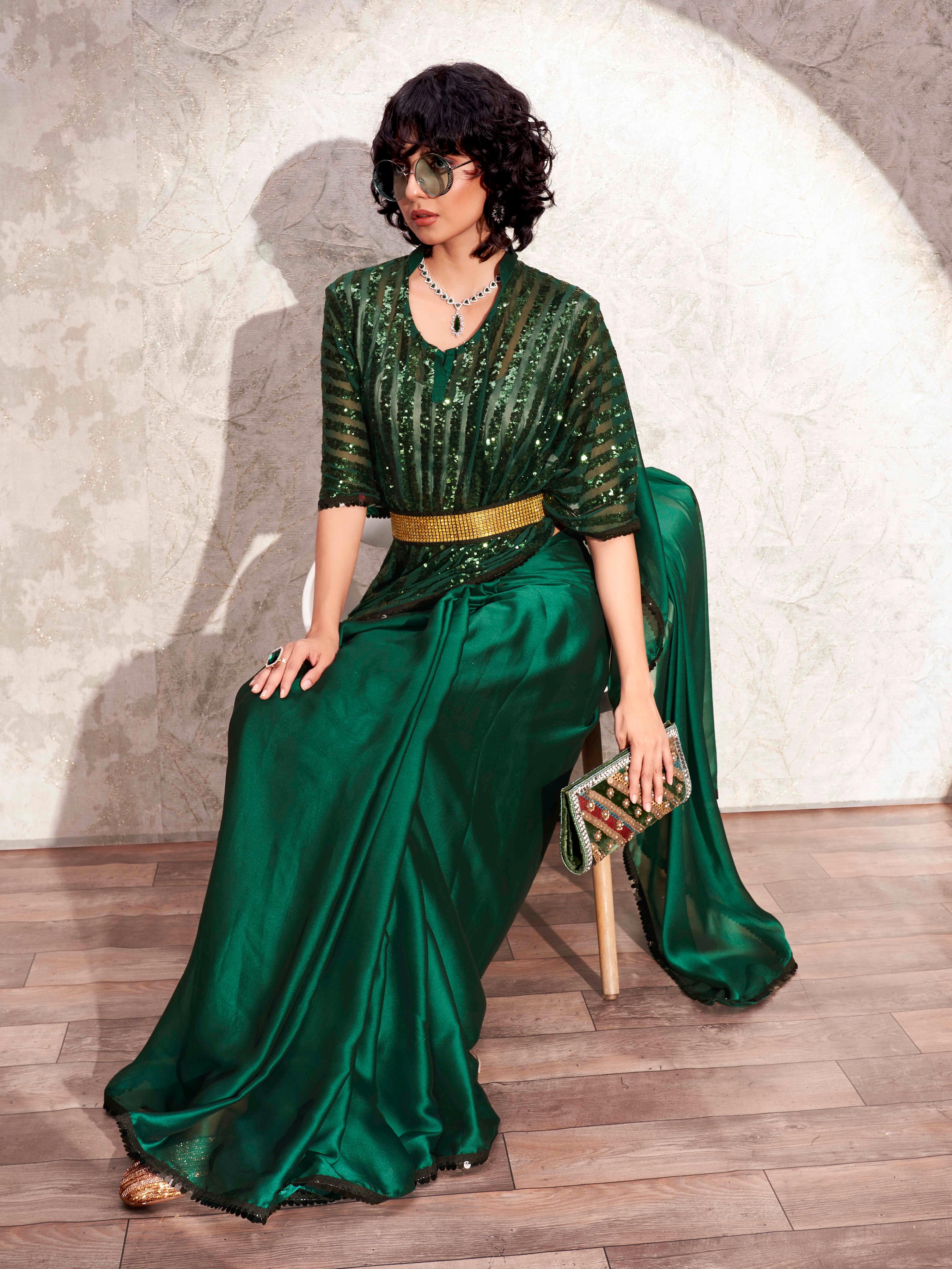 Green colored designer sequinned kaftan saree with belt and embellished border