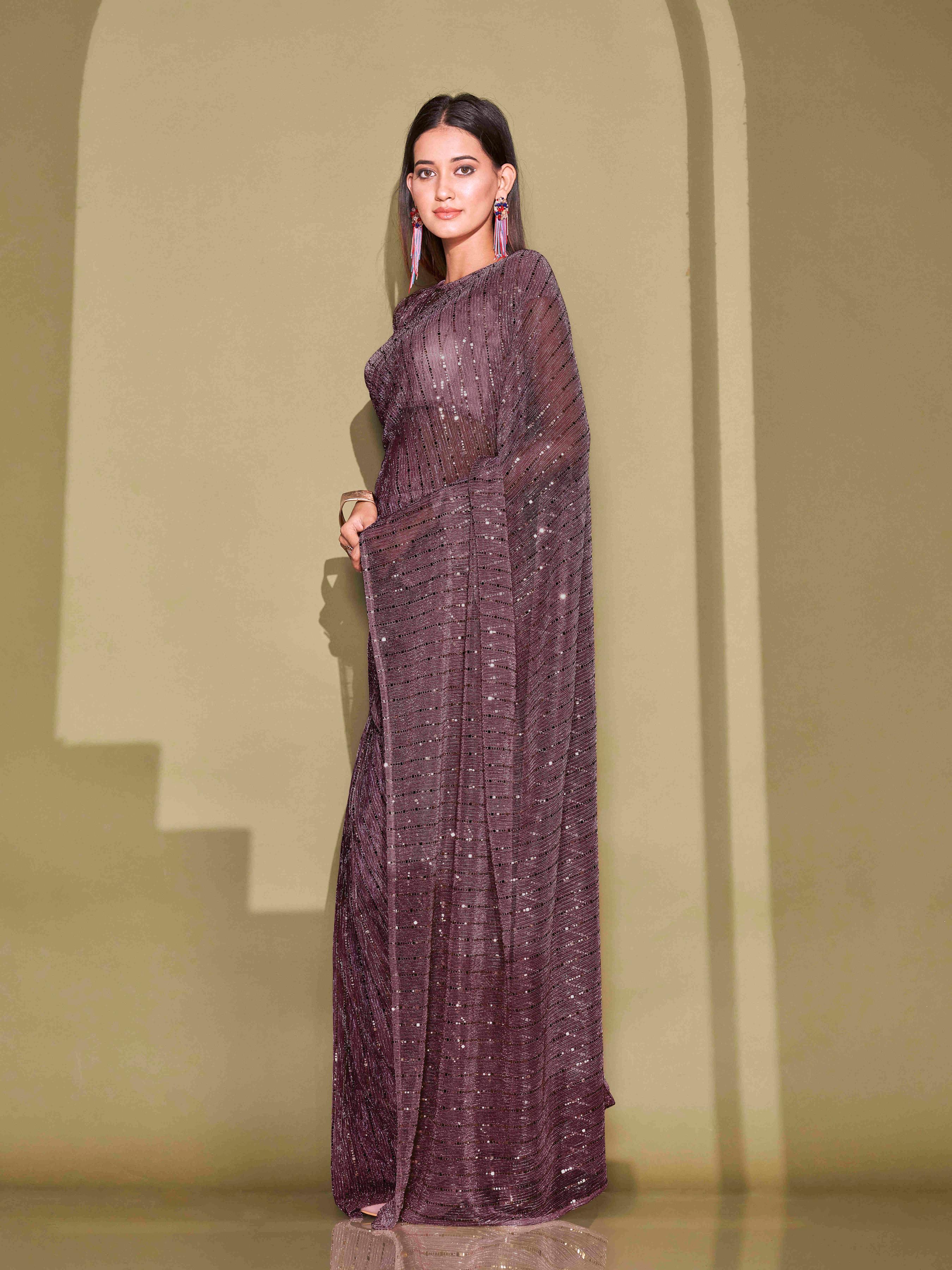 Ready To Wear Magenta Lycra Foil Saree with Unstitched Blouse