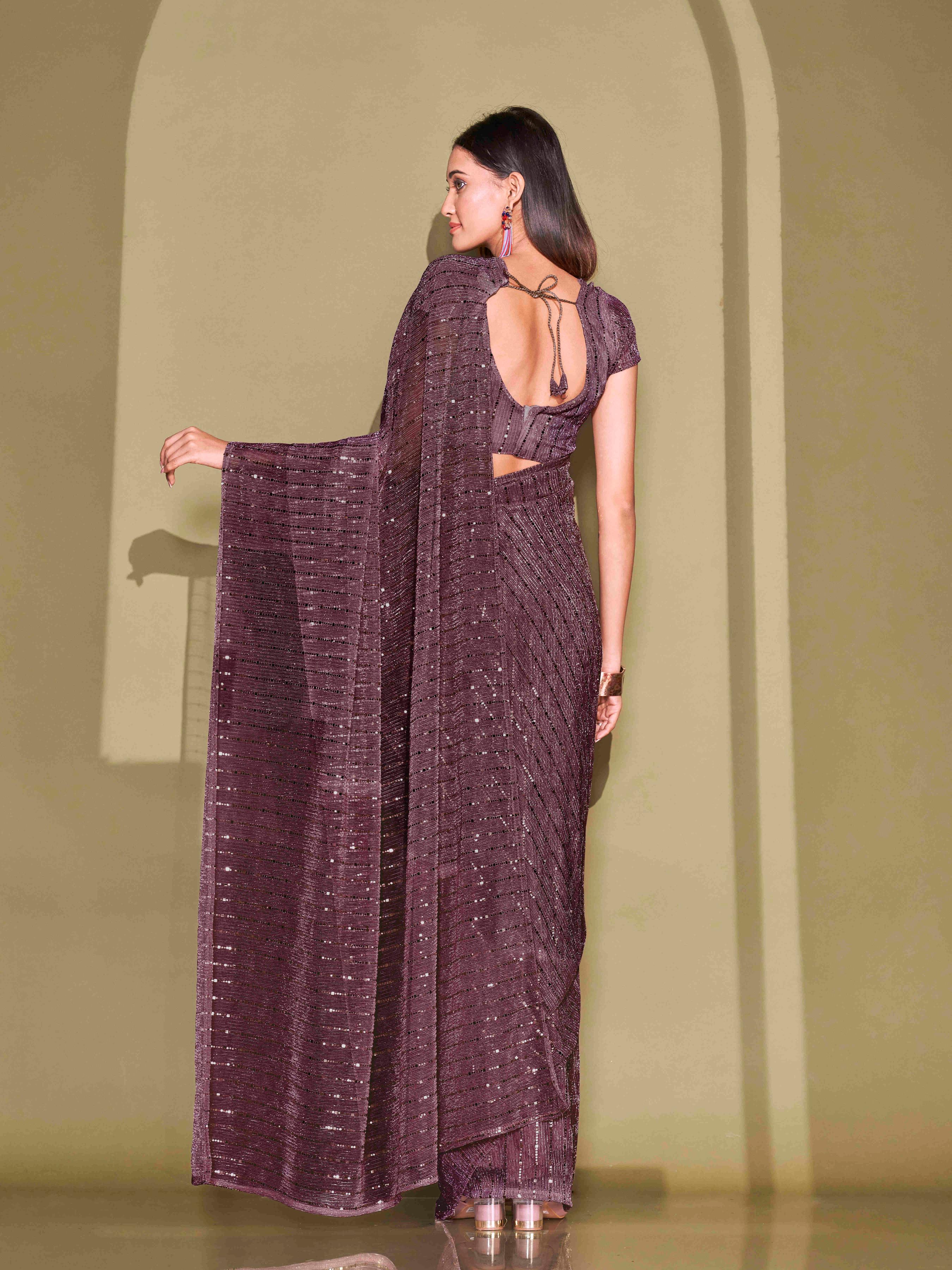 Ready To Wear Magenta Lycra Foil Saree with Unstitched Blouse