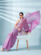 Pink and blue two tone shimmer chiffon saree with tassles in pallu and fancy lycra blouse