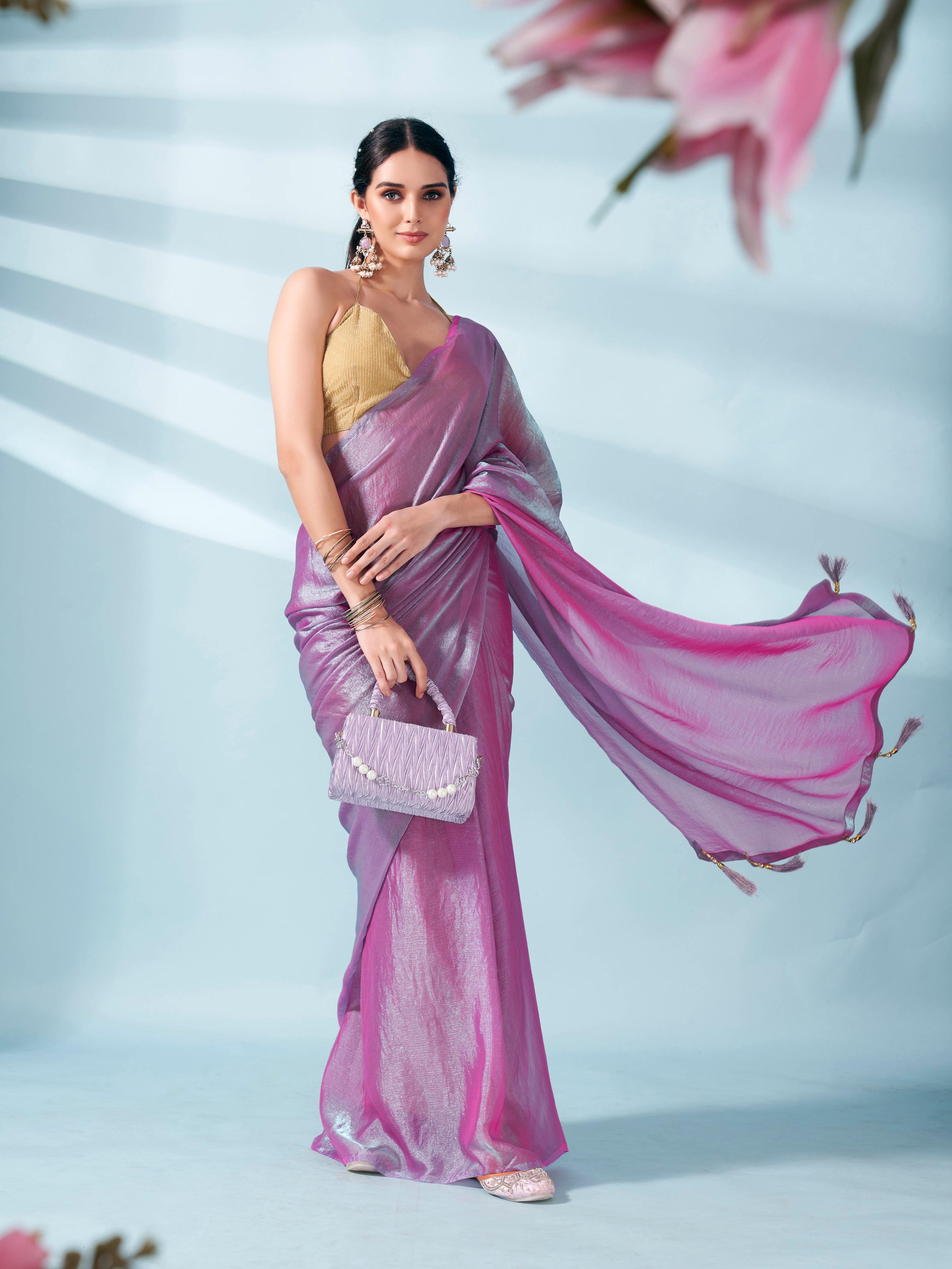 Pink and blue two tone shimmer chiffon saree with tassles in pallu and fancy lycra blouse