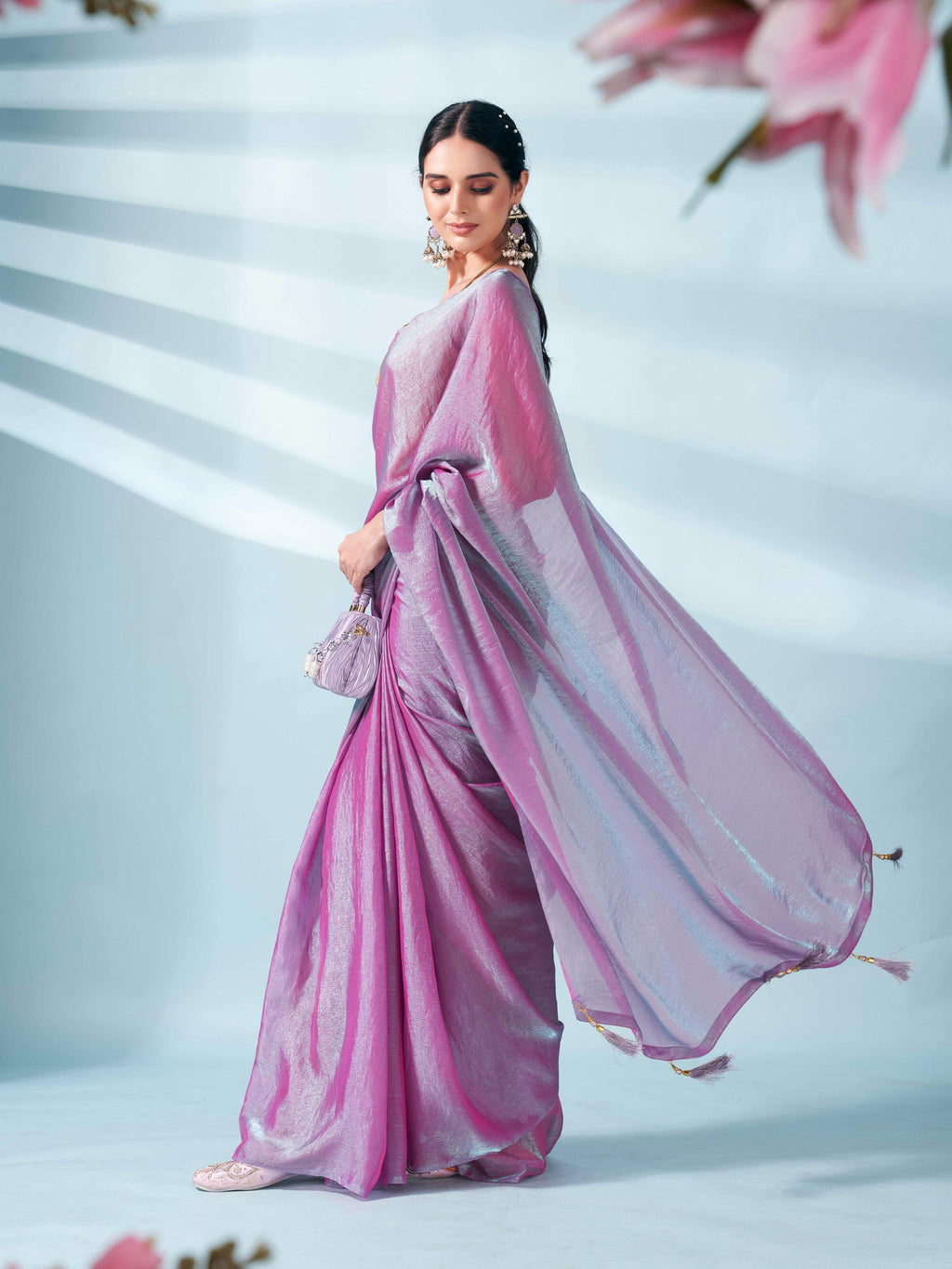 Pink and blue two tone shimmer chiffon saree with tassles in pallu and fancy lycra blouse