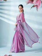 Pink and blue two tone shimmer chiffon saree with tassles in pallu and fancy lycra blouse