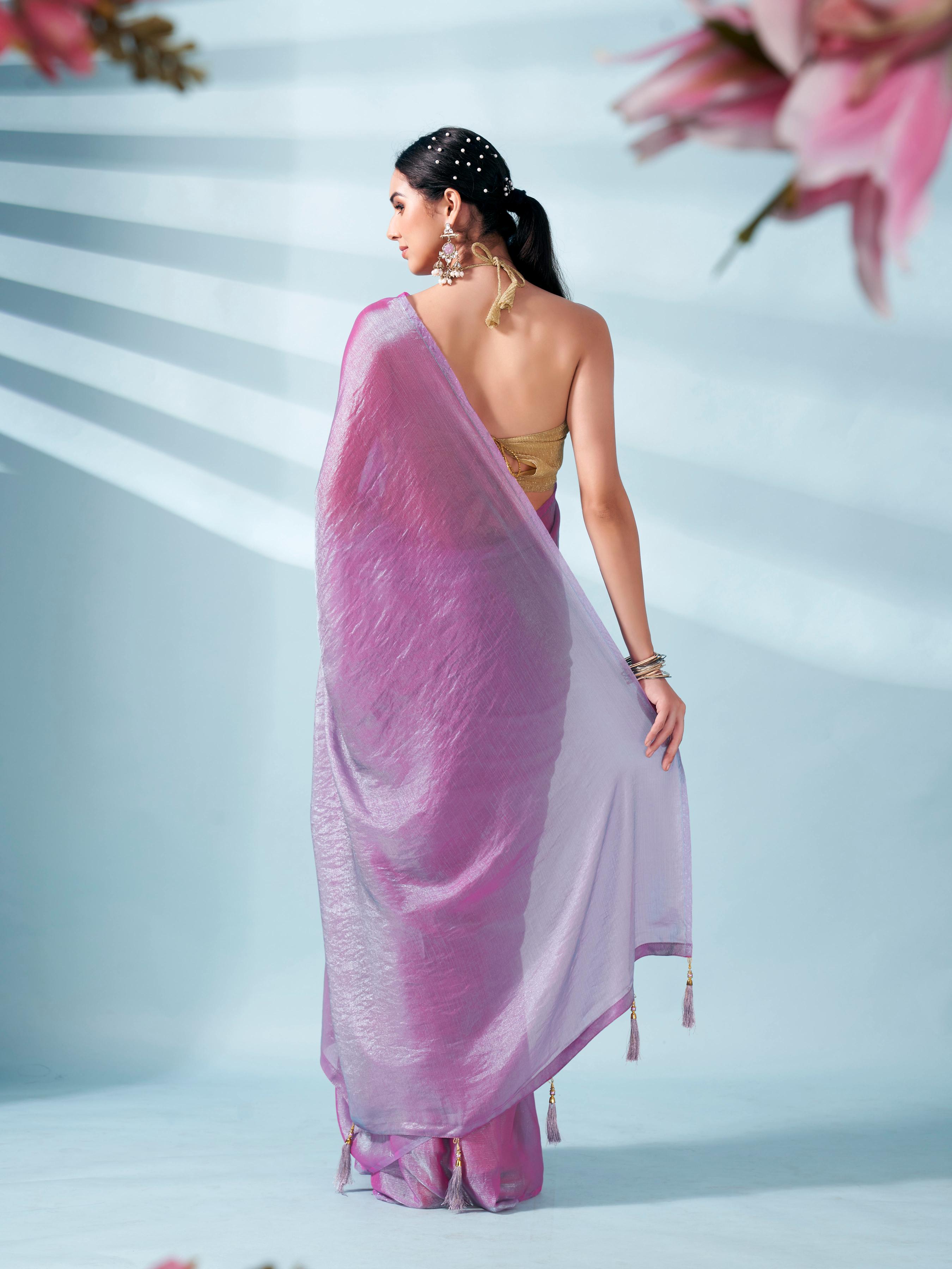 Pink and blue two tone shimmer chiffon saree with tassles in pallu and fancy lycra blouse