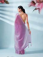 Pink and blue two tone shimmer chiffon saree with tassles in pallu and fancy lycra blouse