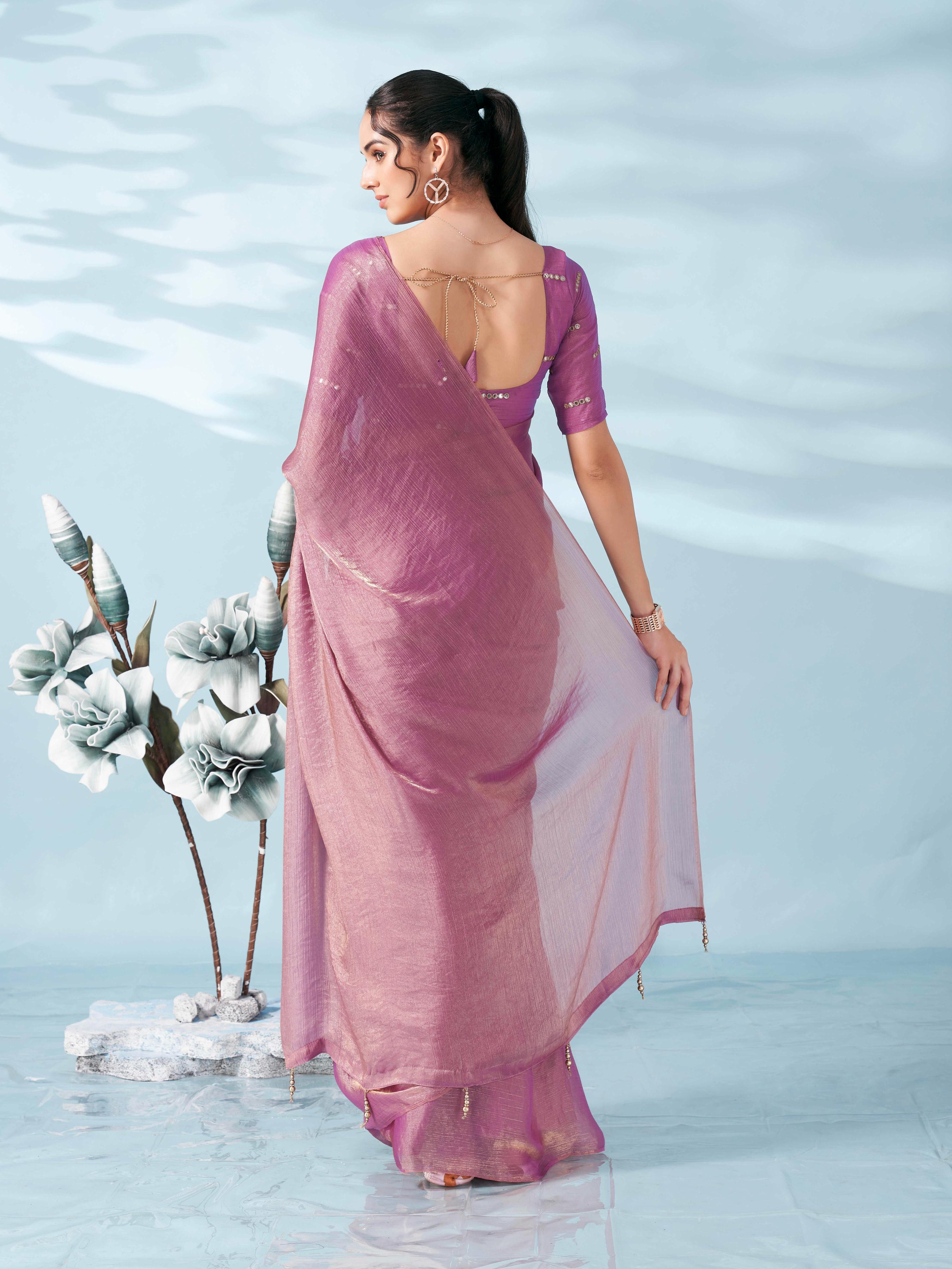 Pink & gold colored two tone chiffon saree with faux mirror embroidered blouse