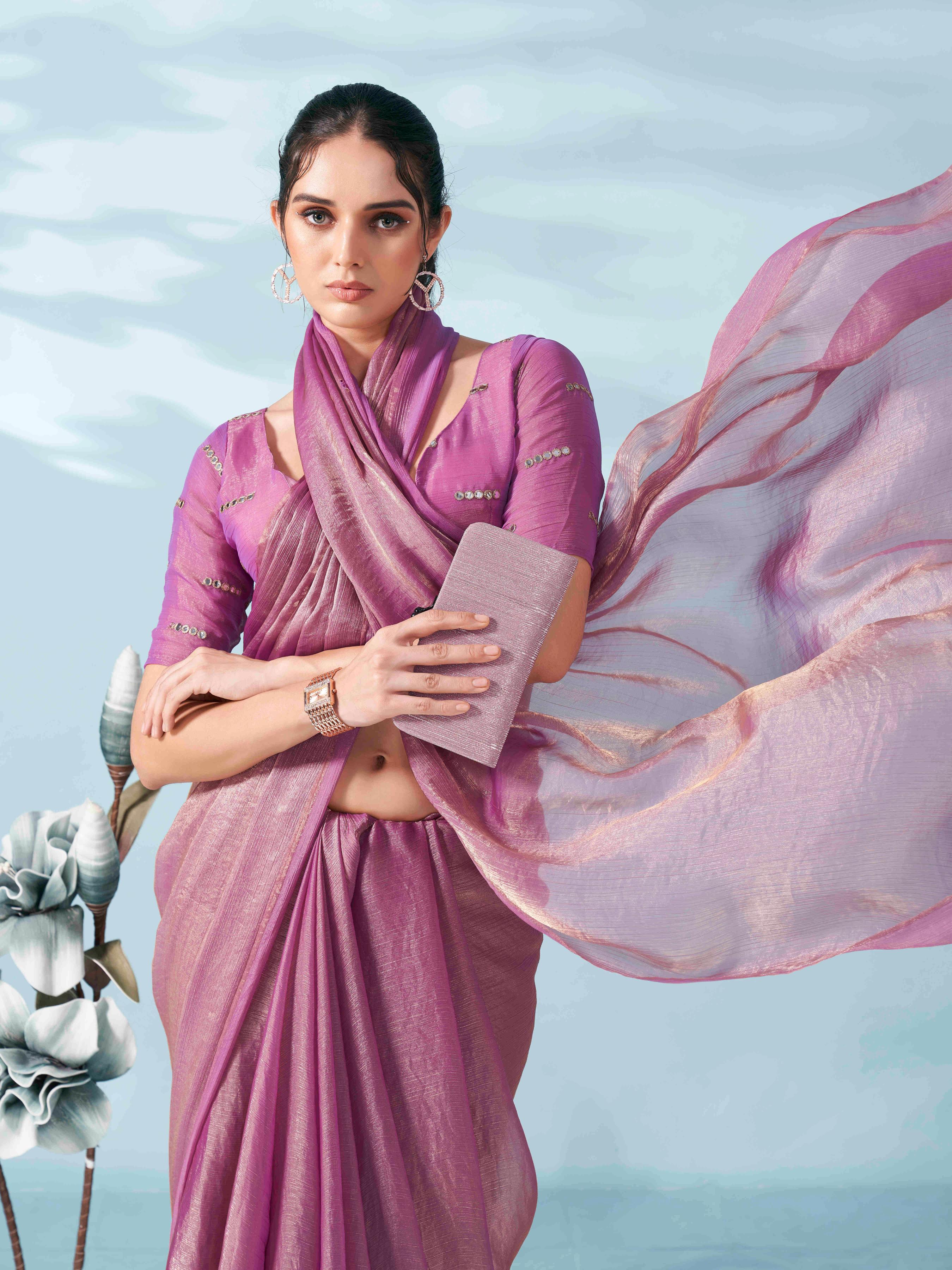 Pink & gold colored two tone chiffon saree with faux mirror embroidered blouse