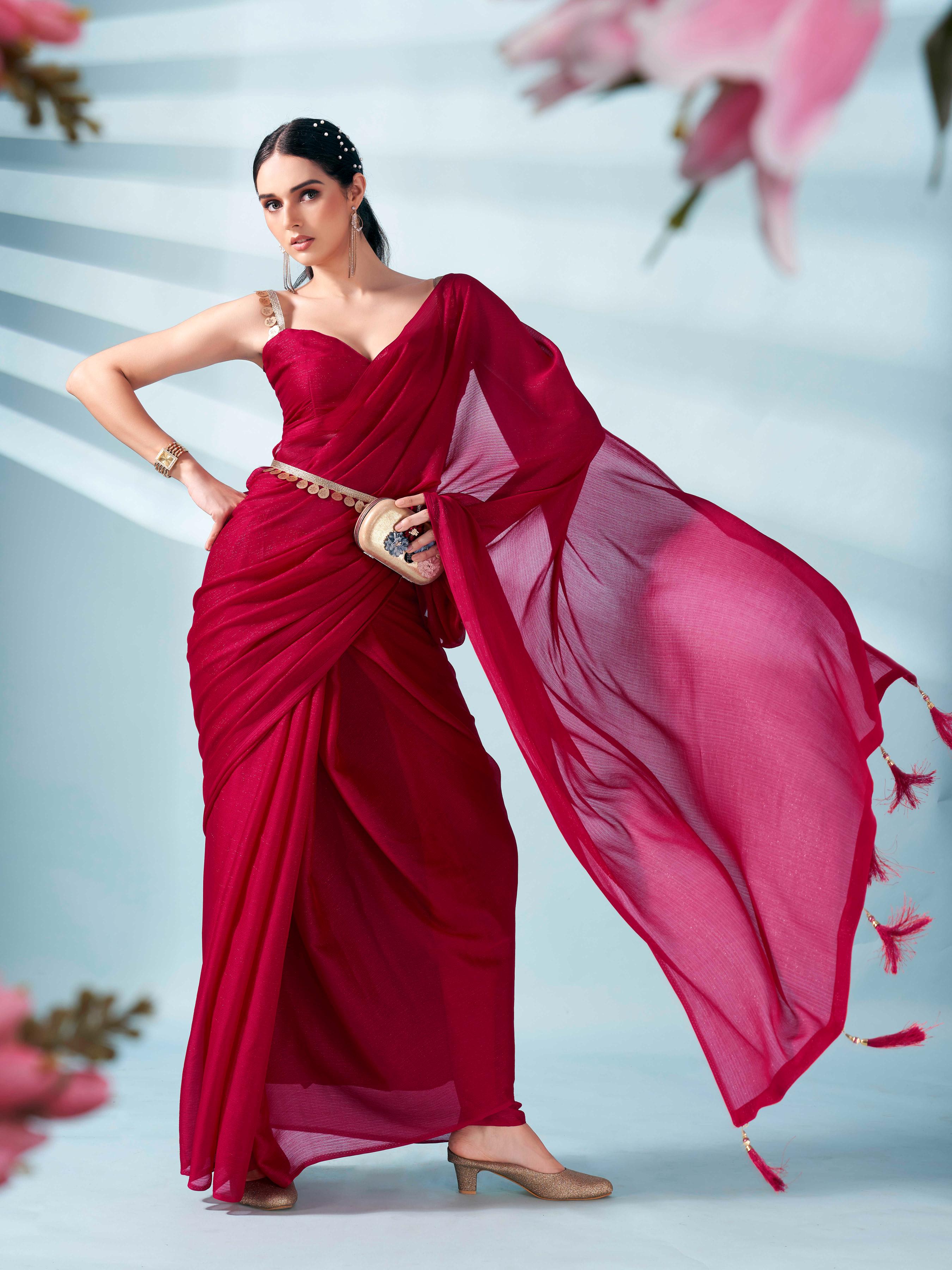 Pink colored zari weaving satin saree with sequinned belt
