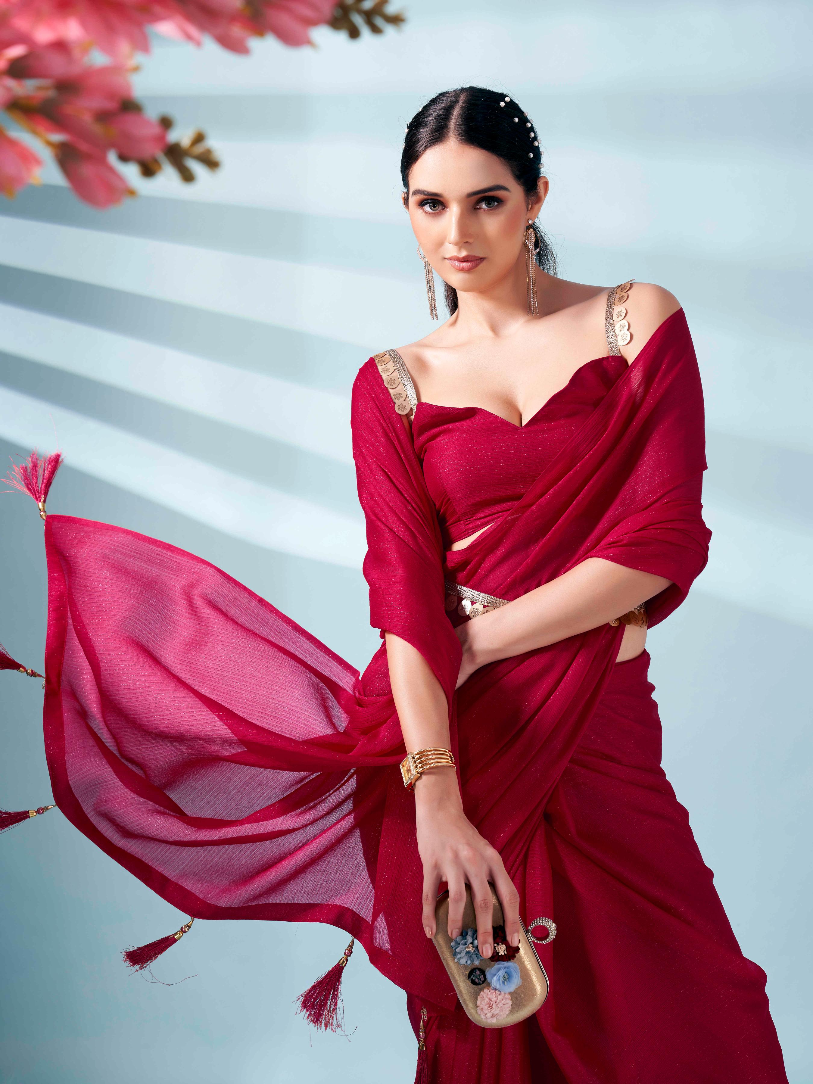 Pink colored zari weaving satin saree with sequinned belt