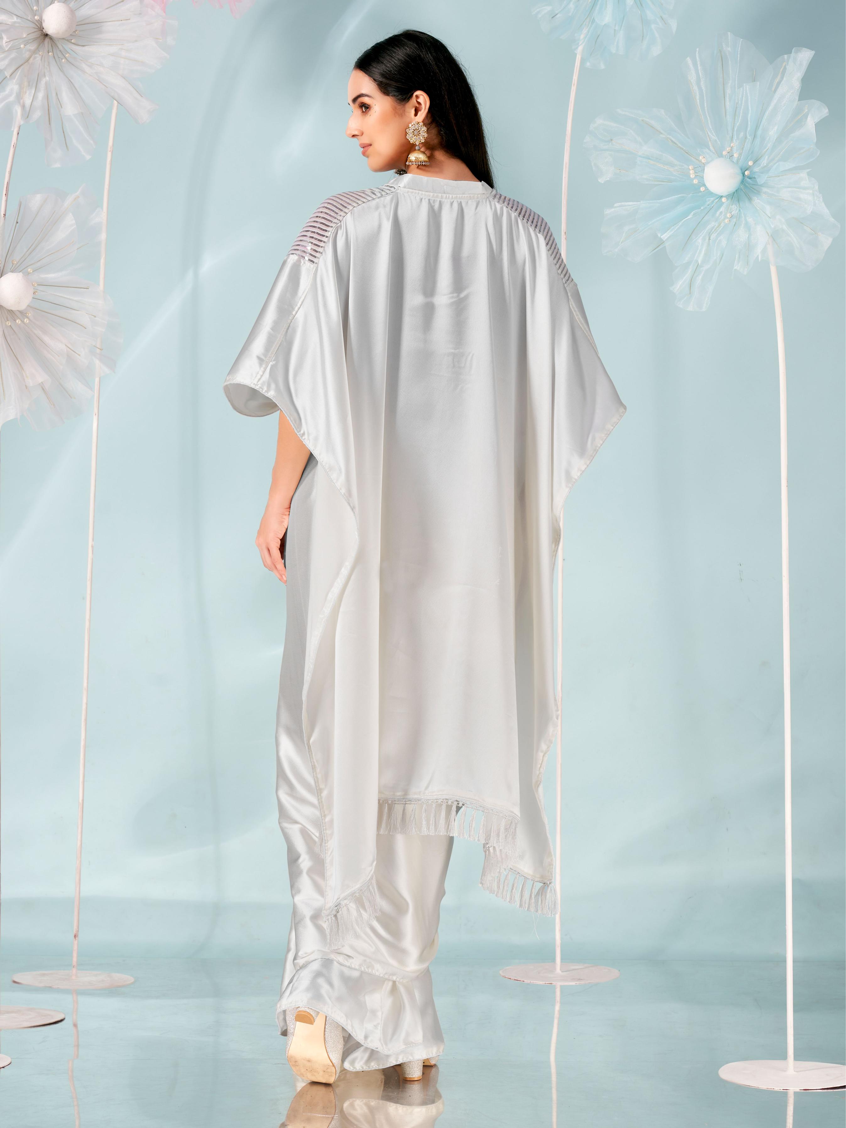 Off white colored designer sequinned kaaftan saree with embellished belt