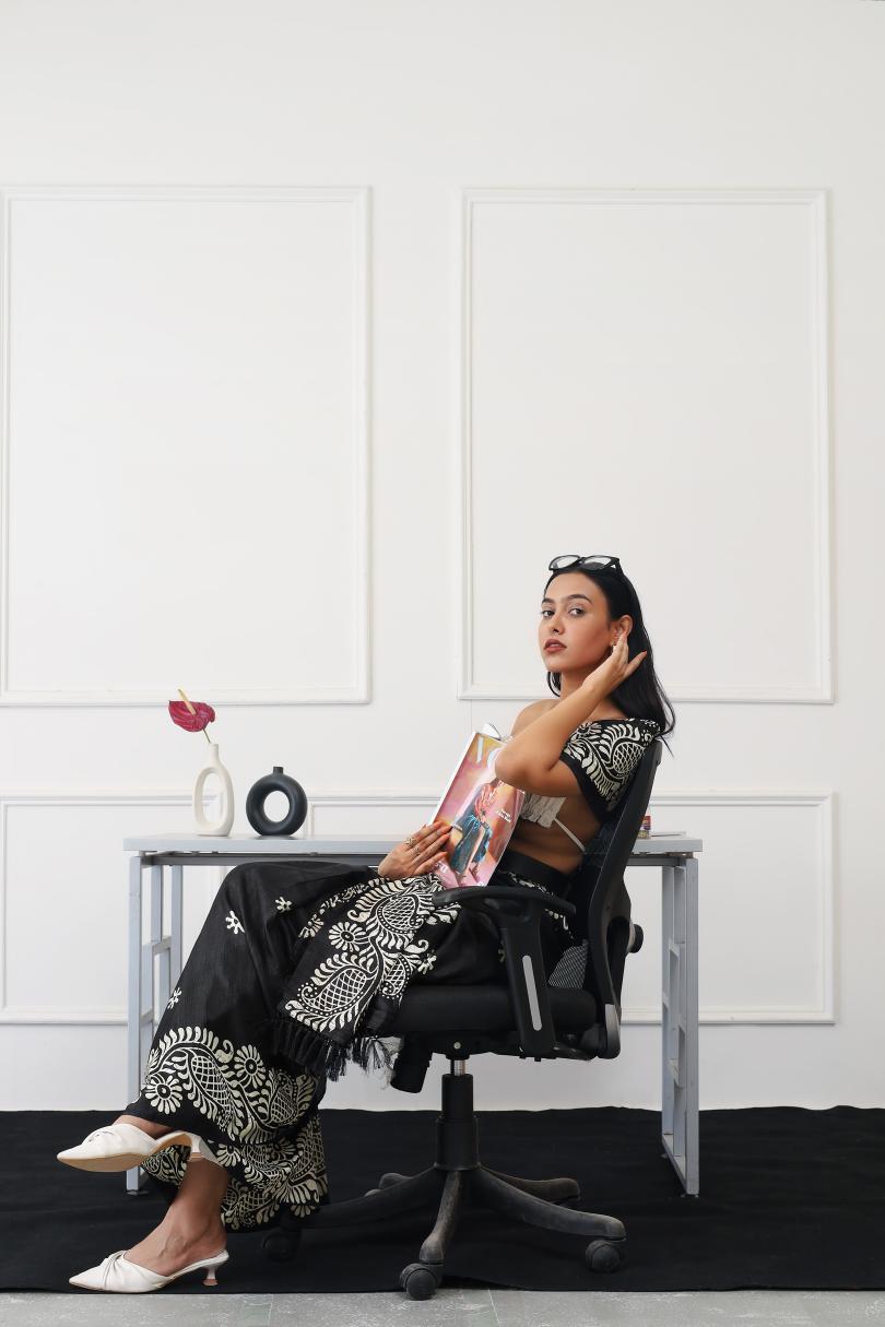 Ready to wear black colored printed satin saree