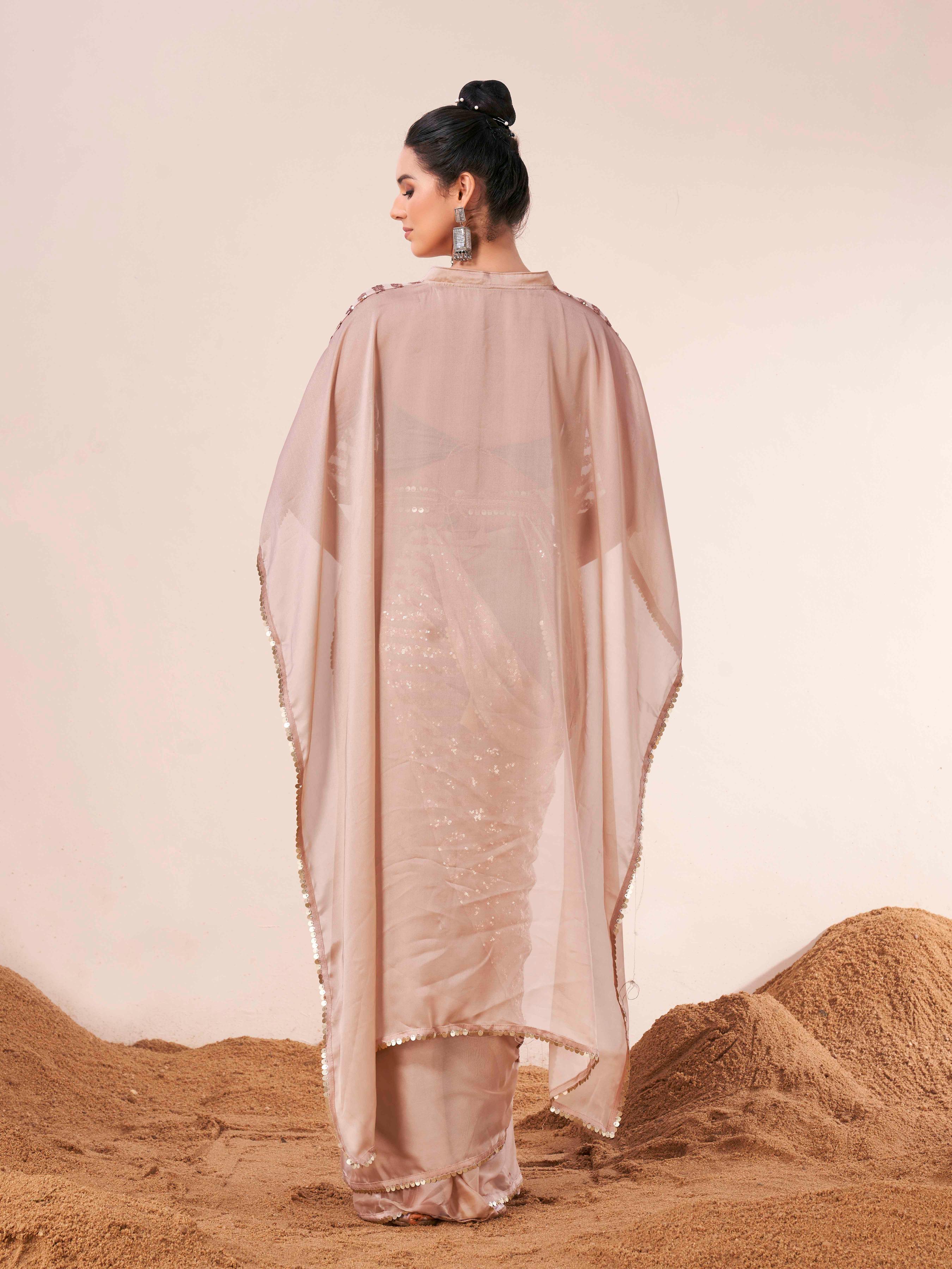 Beige colored designer kaaftan saree with embellished belt