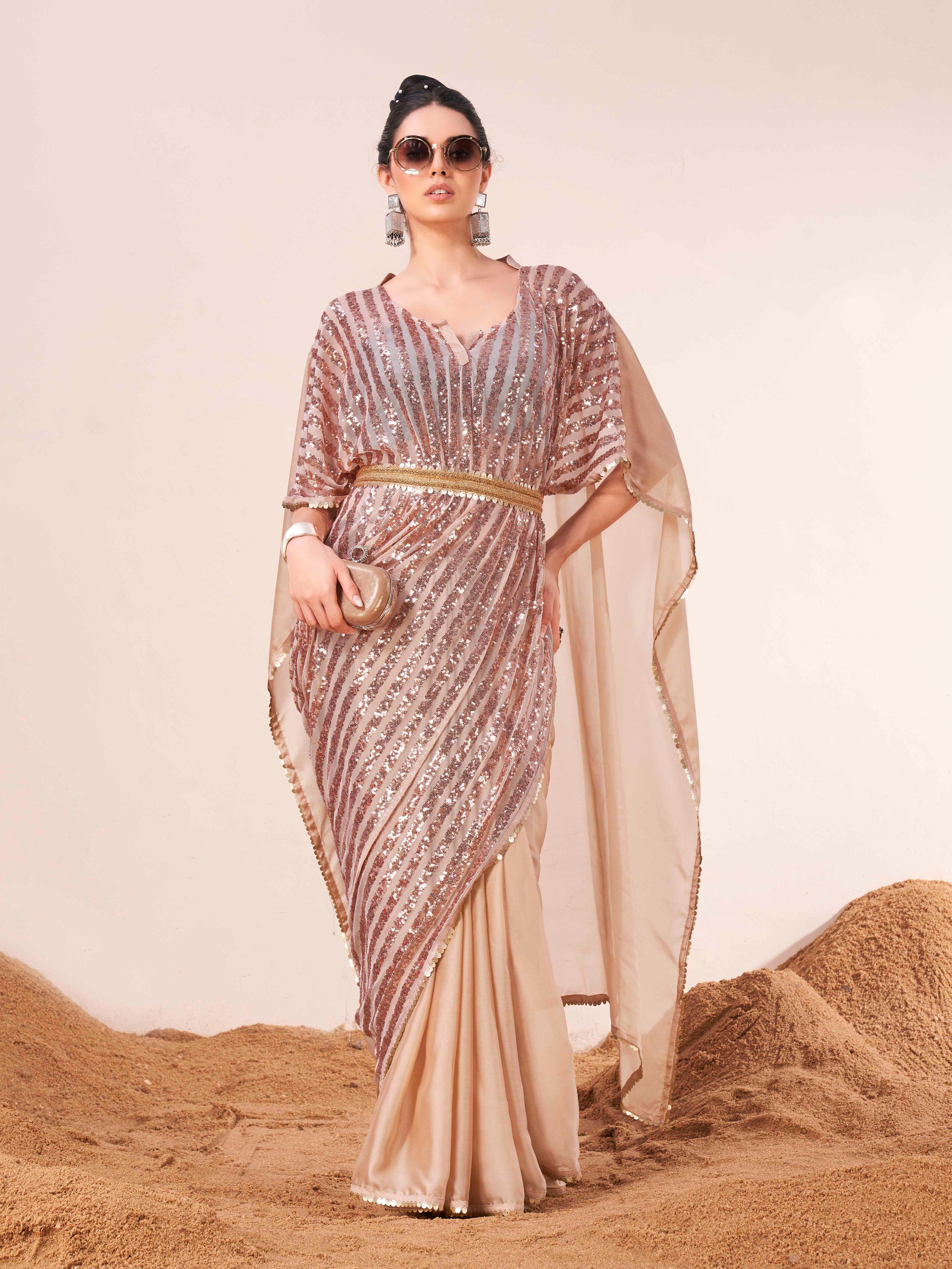 Beige colored designer kaaftan saree with embellished belt