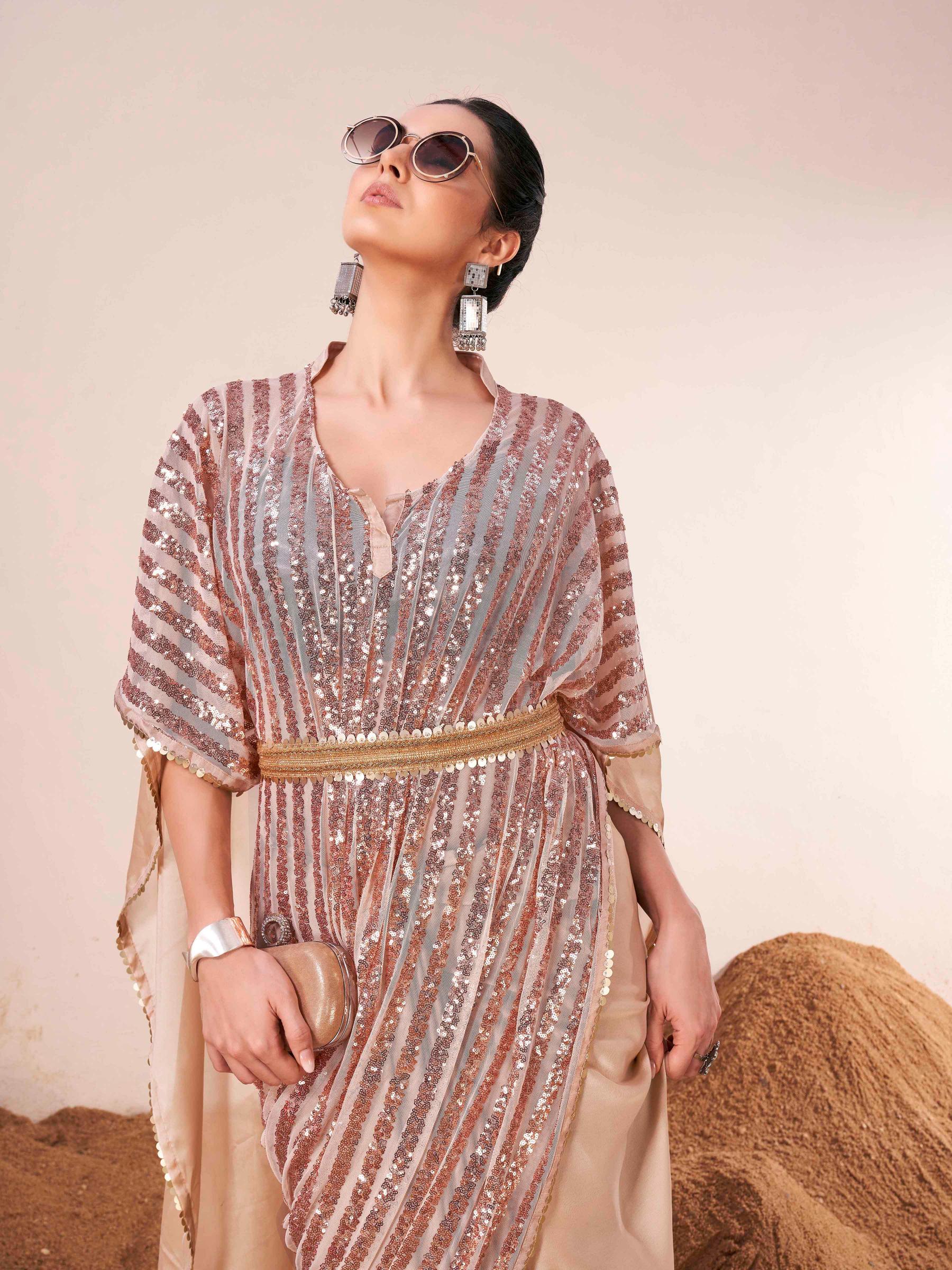 Beige colored designer kaaftan saree with embellished belt