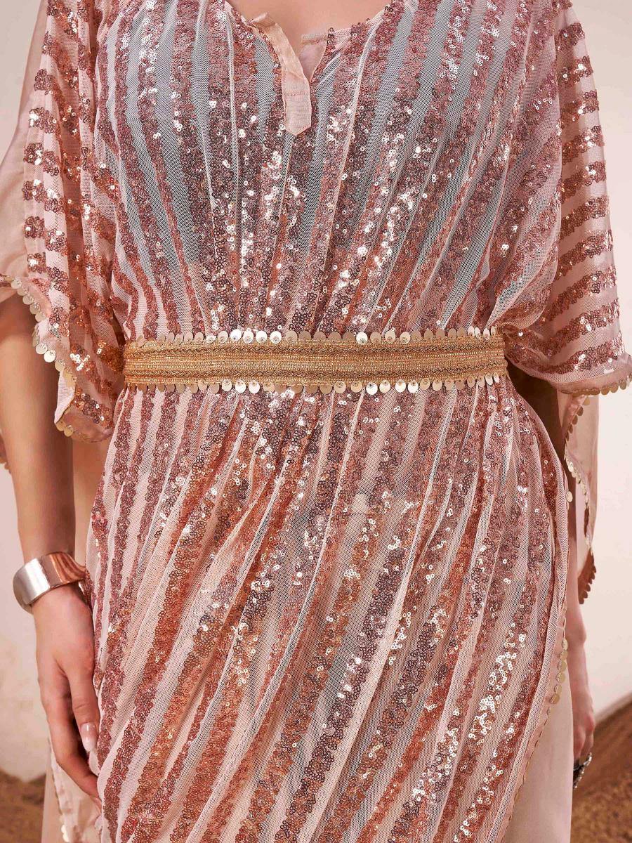 Beige colored designer kaaftan saree with embellished belt