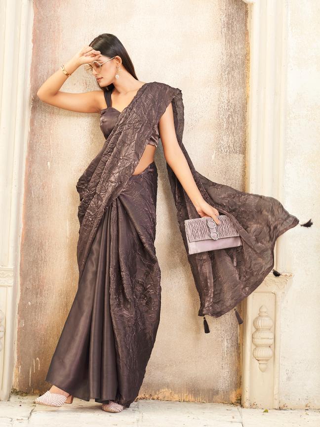 Metallic copper colored crushed pallu burberry half and half saree