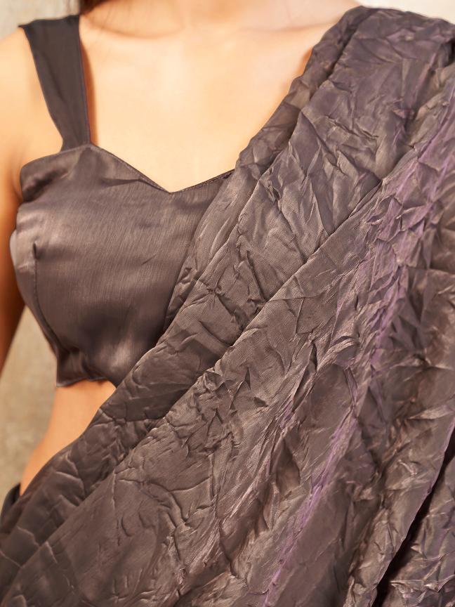 Metallic copper colored crushed pallu burberry half and half saree