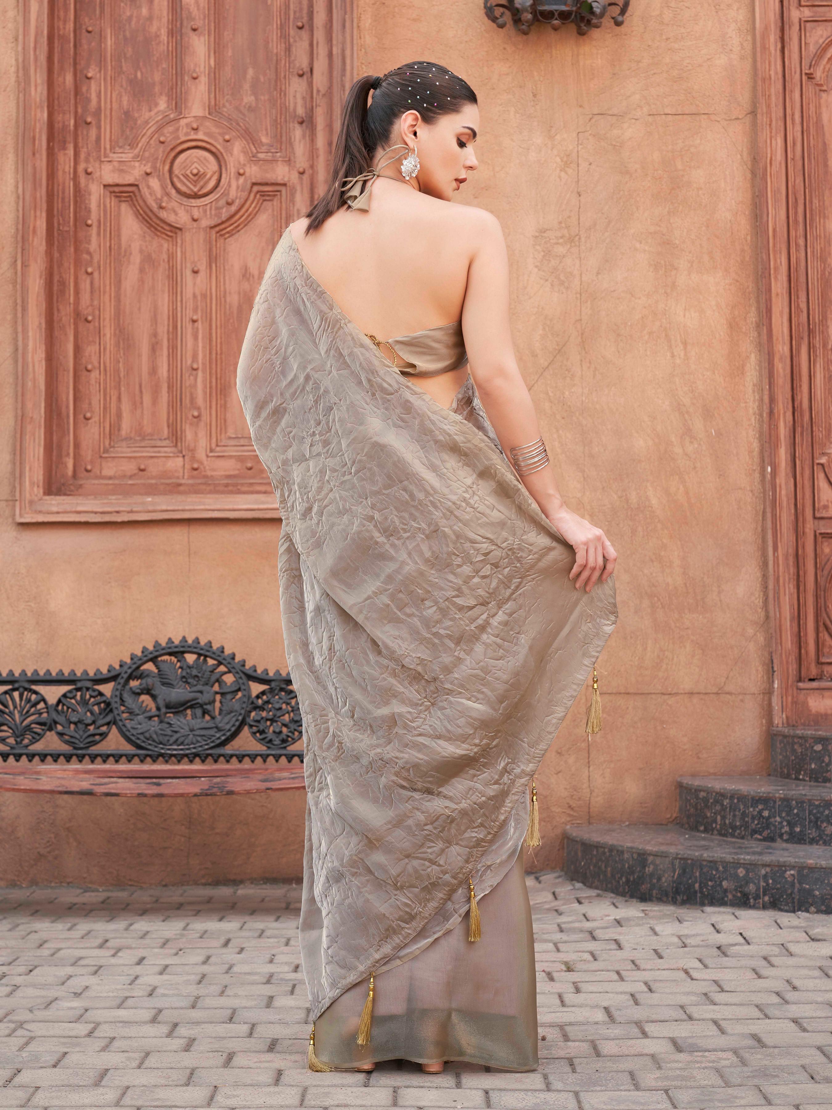 Beige colored crushed pallu burbery organza half and half saree