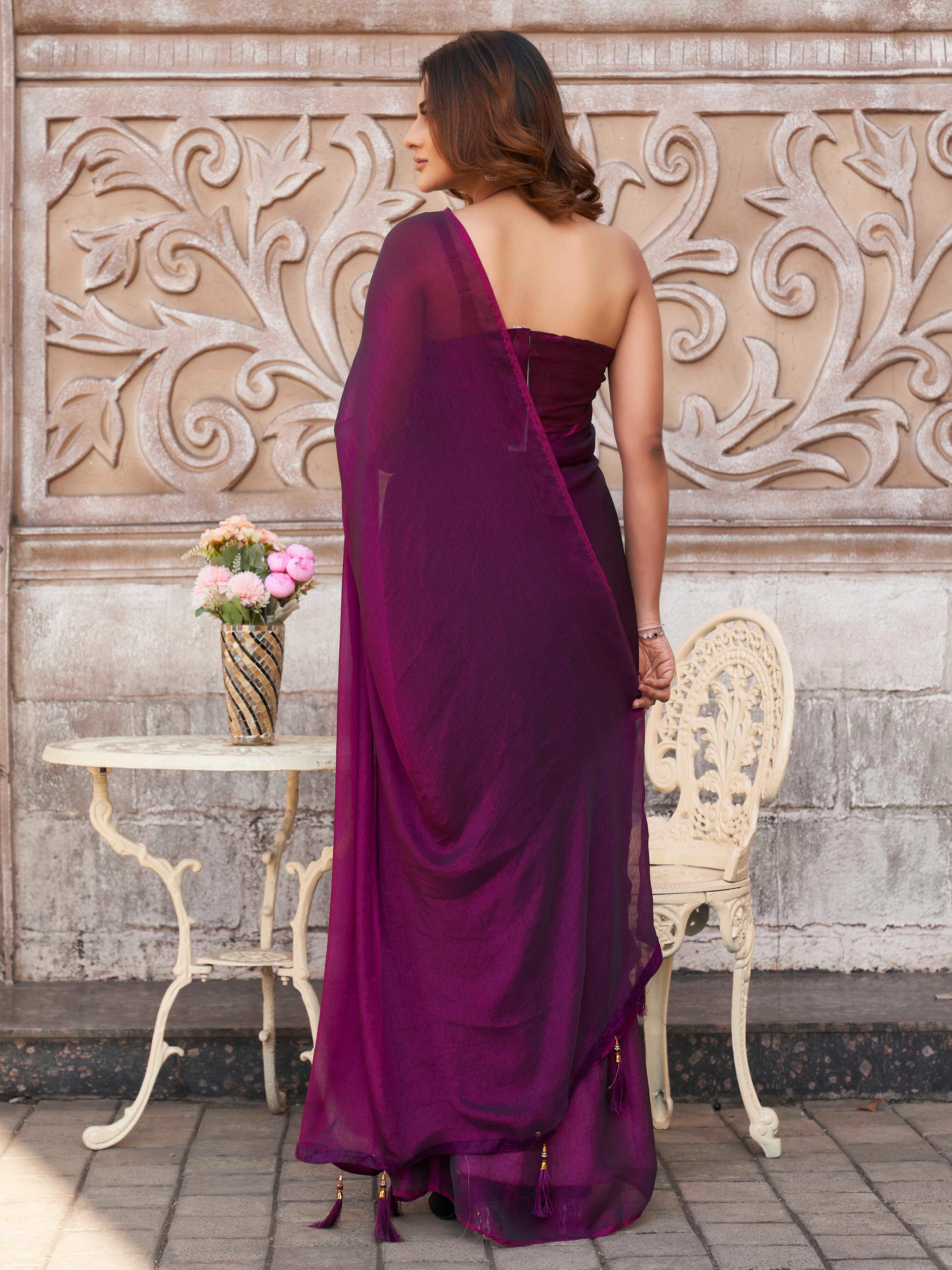 Two tone violet colored saree with tassles on pallu