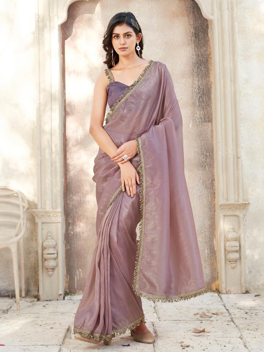 Mauve colored crunchy saree with sequinned lace and brocade blouse