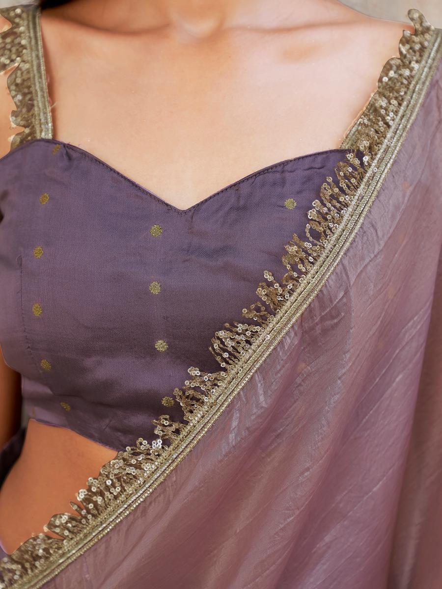 Mauve colored crunchy saree with sequinned lace and brocade blouse