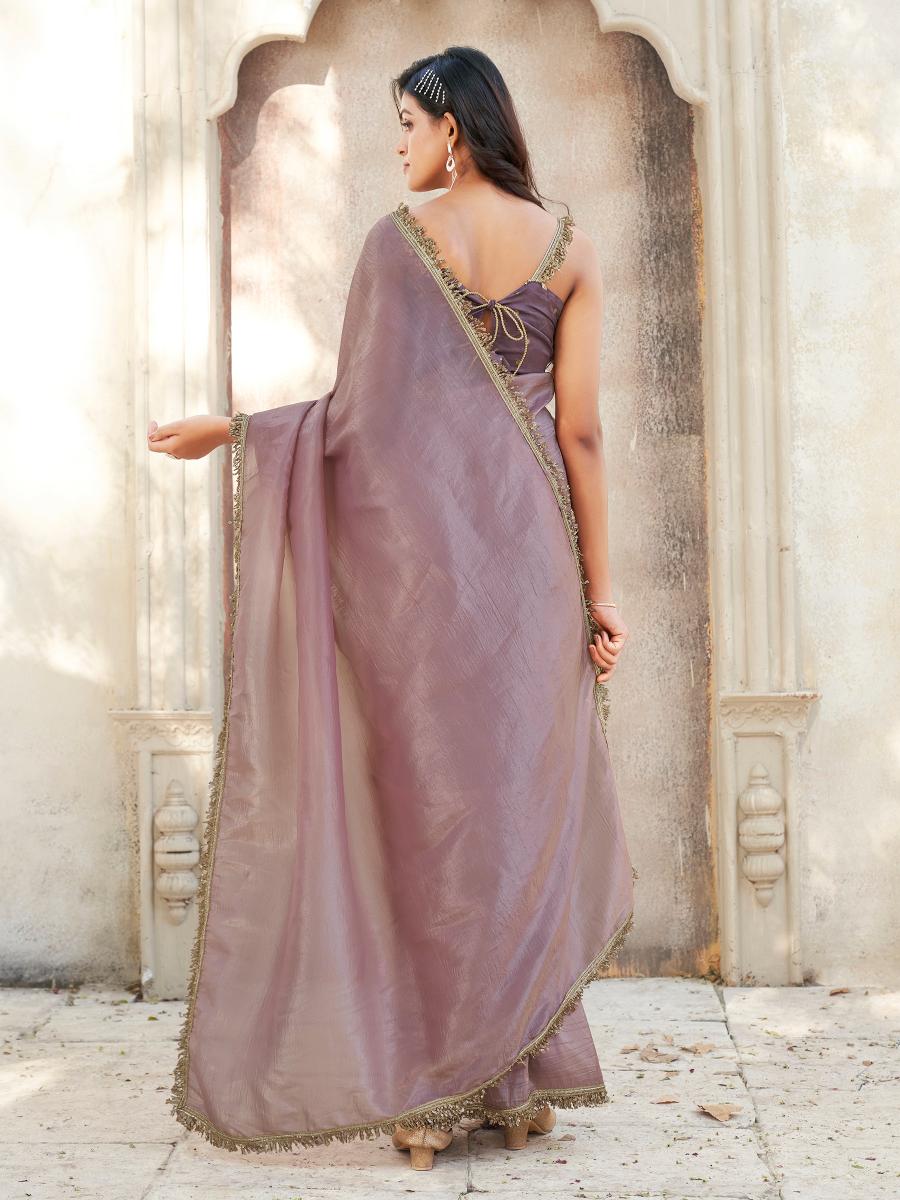 Mauve colored crunchy saree with sequinned lace and brocade blouse